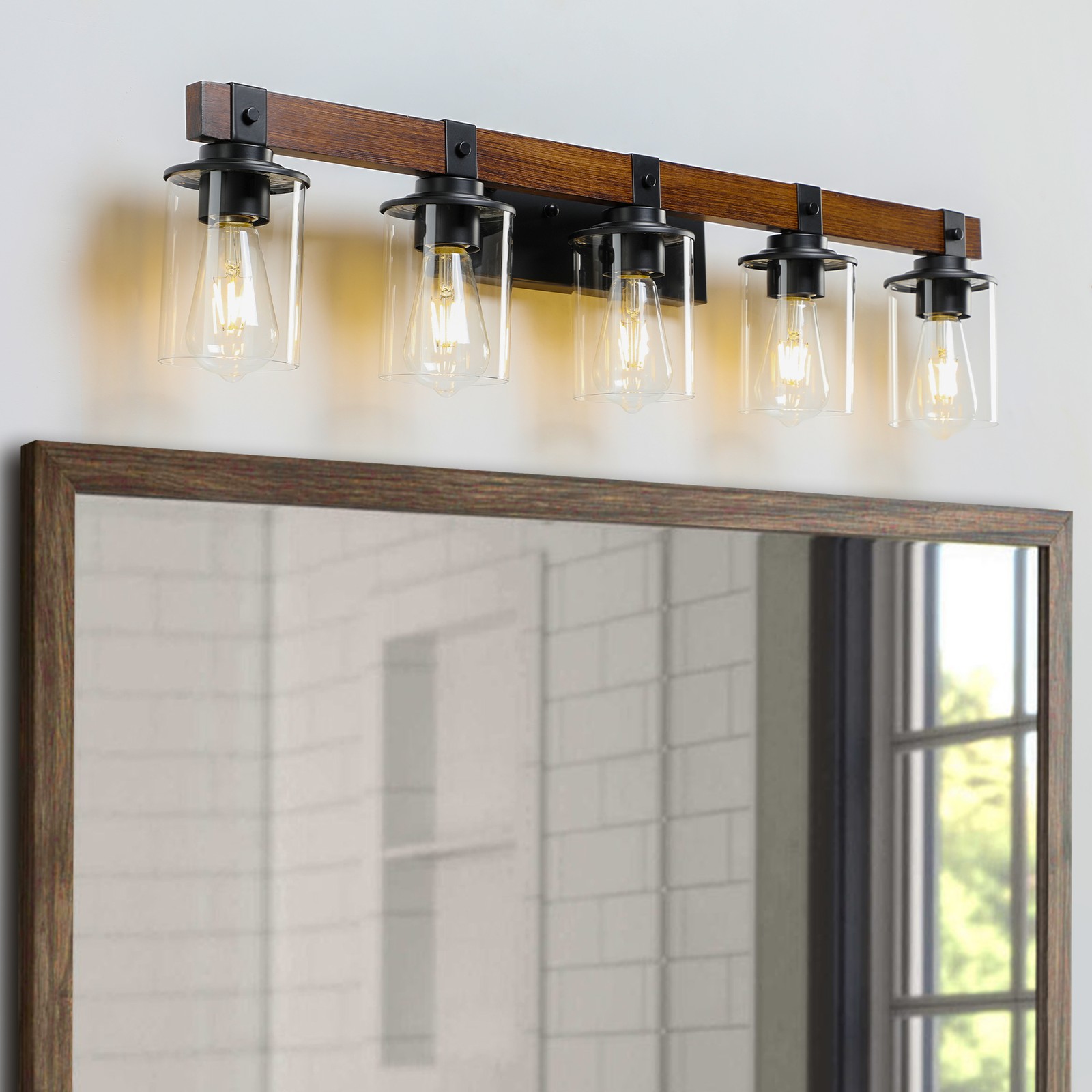 35 In Wall Sconce Wood Vanity Light LED Farmhouse Bathroom 5 Lights Clear Glass