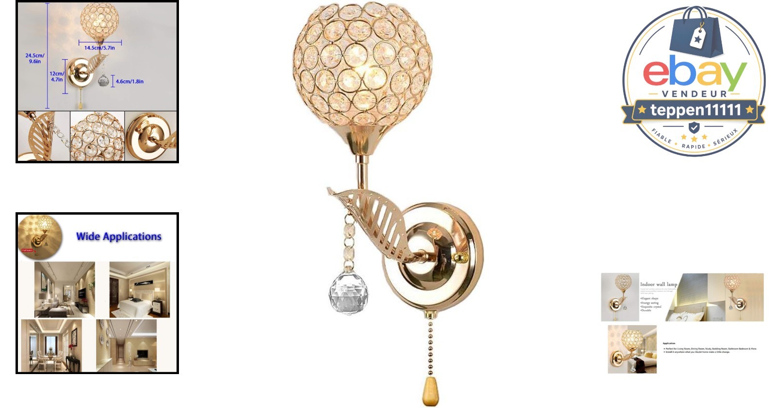 Crystal Wall Light Sconce Chrome Finish E14 Socket Pull Cord Switch