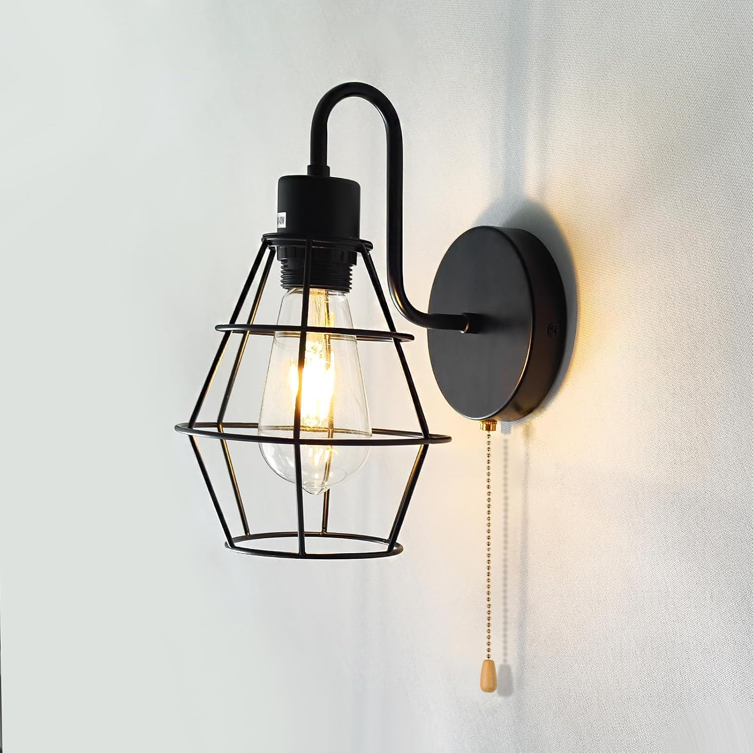 Pull Chain Wall Sconce Black Wire Cage Lamp Shade | Hardwire Wall Light Fixture