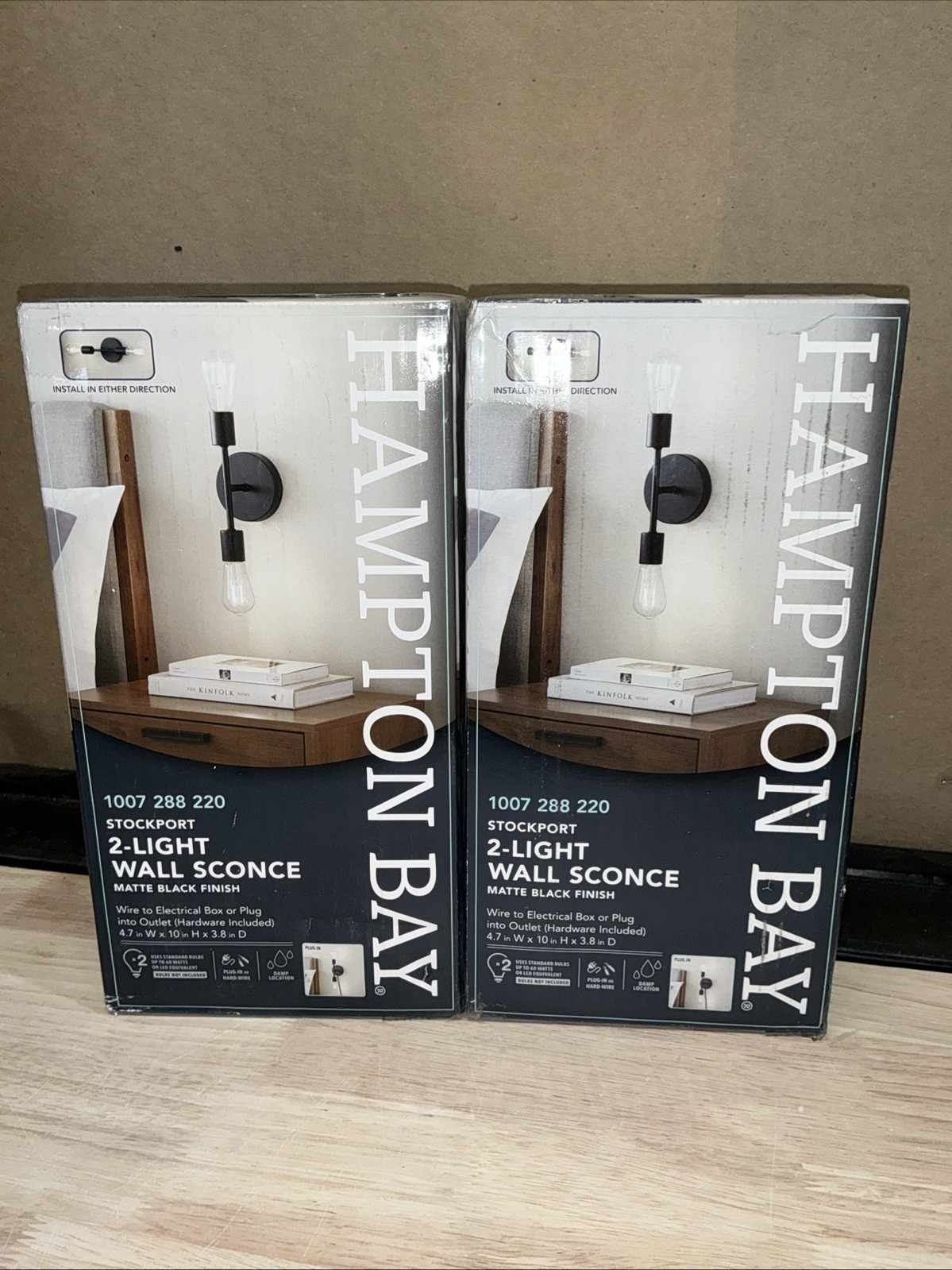 2 PK Hampton Bay Stockport 2-Light Wall Sconce Matte Black, Plug-in/hardwire