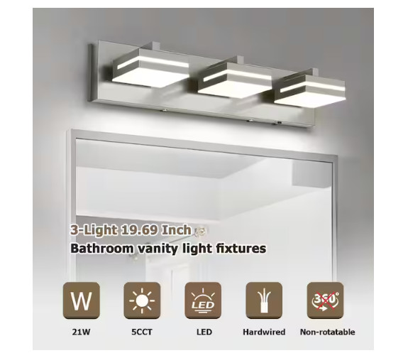 JUSHENG 19.69 in. 3-Light Nickel LED Vanity Light w/ 5-CCT Adjustable Switch