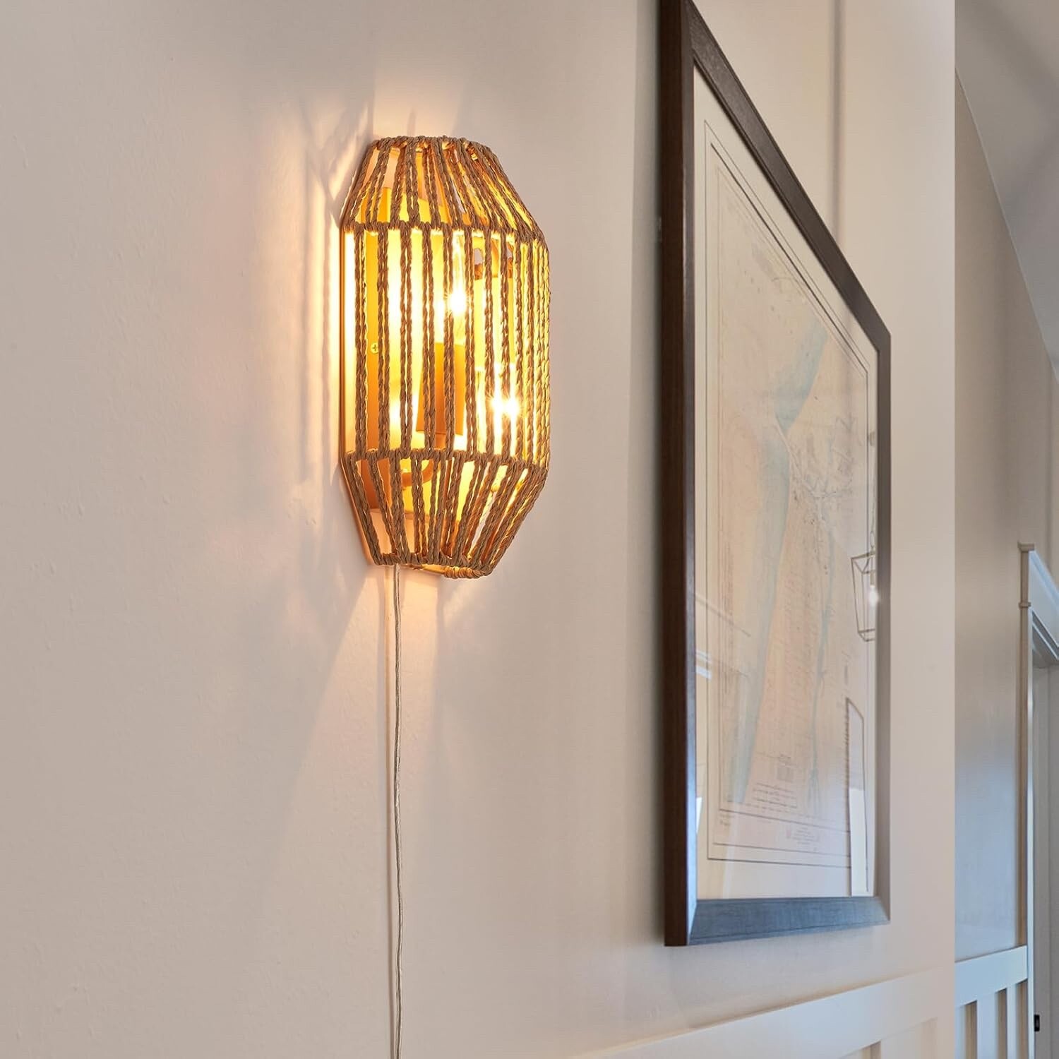 Natural Rattan Wall Sconce Set of 2, with Boho Woven Wicker Shade Antique Bra…
