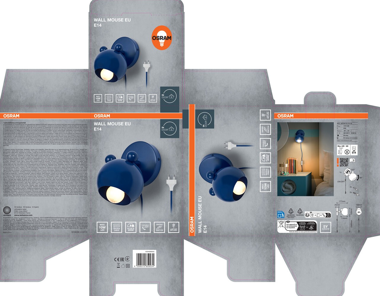 Osram wall mouse E14 wall light blue metal textile cable E14 socket IP20