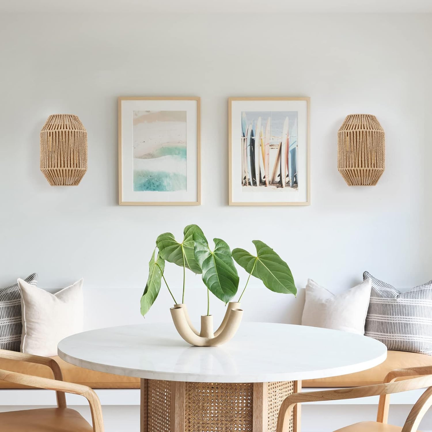 Natural Rattan Wall Sconce Set of 2 with Boho Woven Wicker Shade Antique Brass B