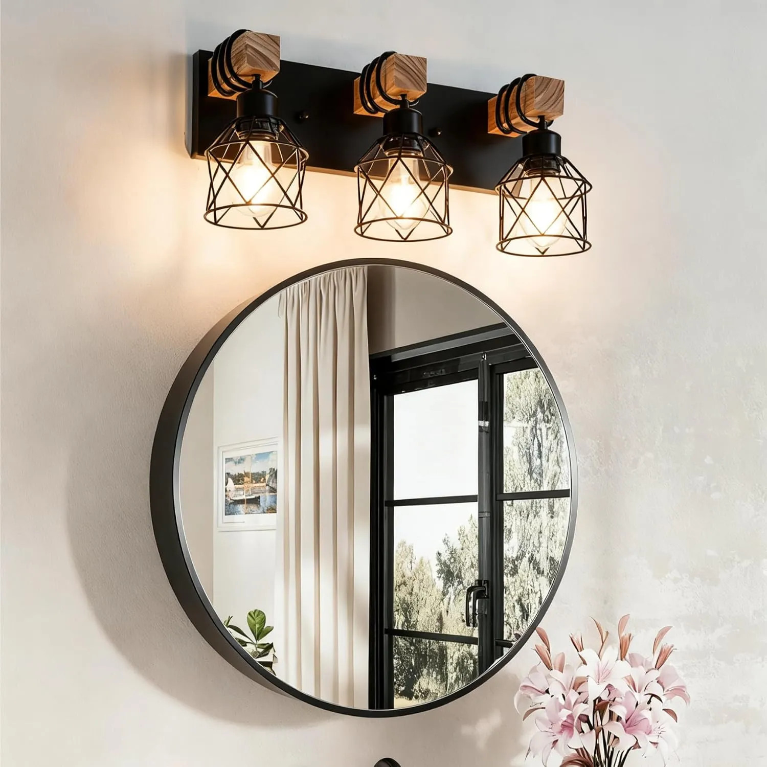 3 Light Bathroom Vanity Wall Lamp Rustic Wood And Black Metal Cage Farmhouse…