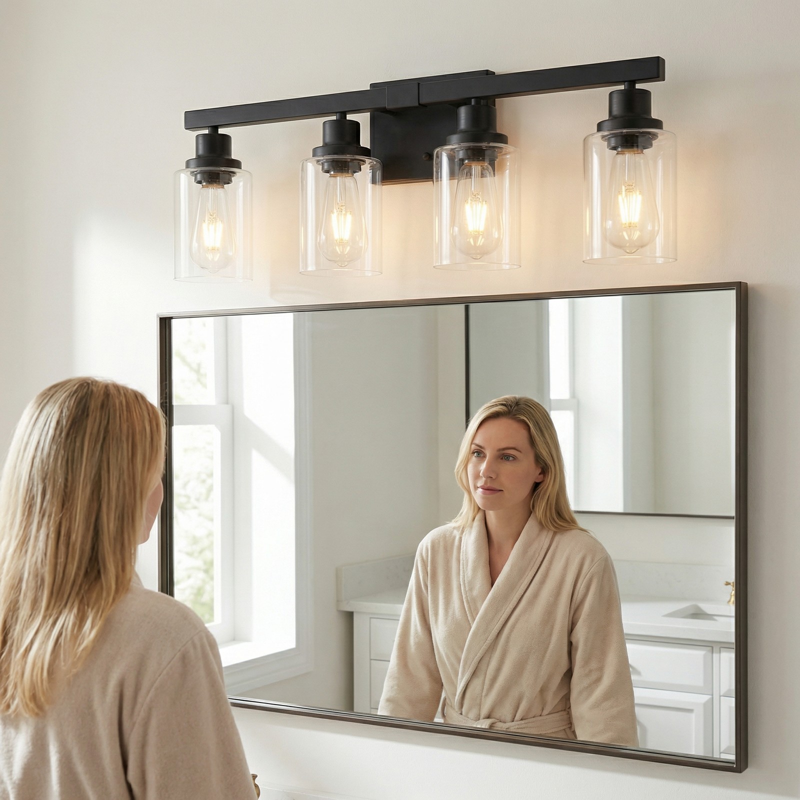 24″ Bathroom Mirror Vanity Light Modern Black 4 Lights Glass Wall Sconce Fixture