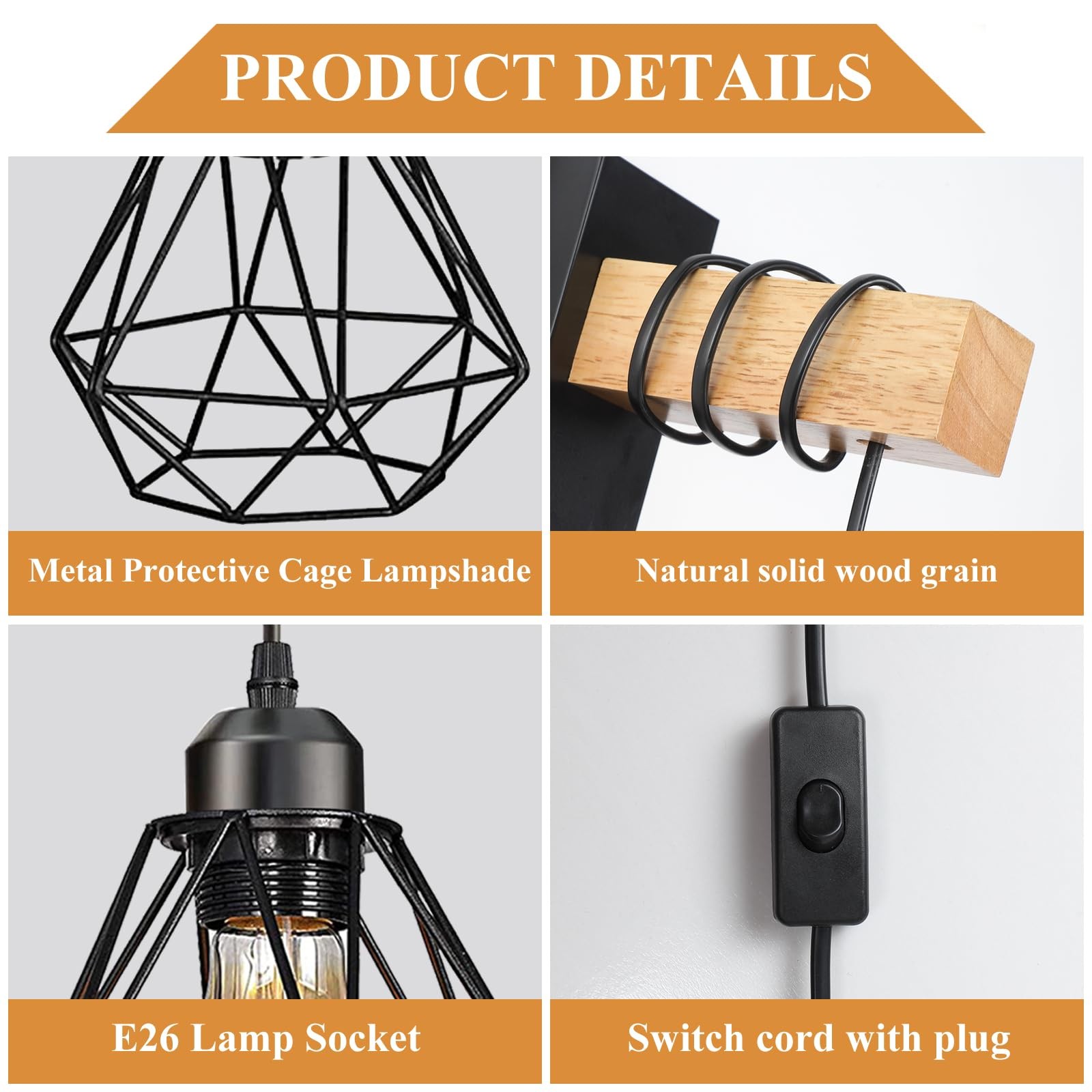 Plug in Wall Sconces Set of Two,Farmhouse Wall Mounted Lights with Plug in Cord,