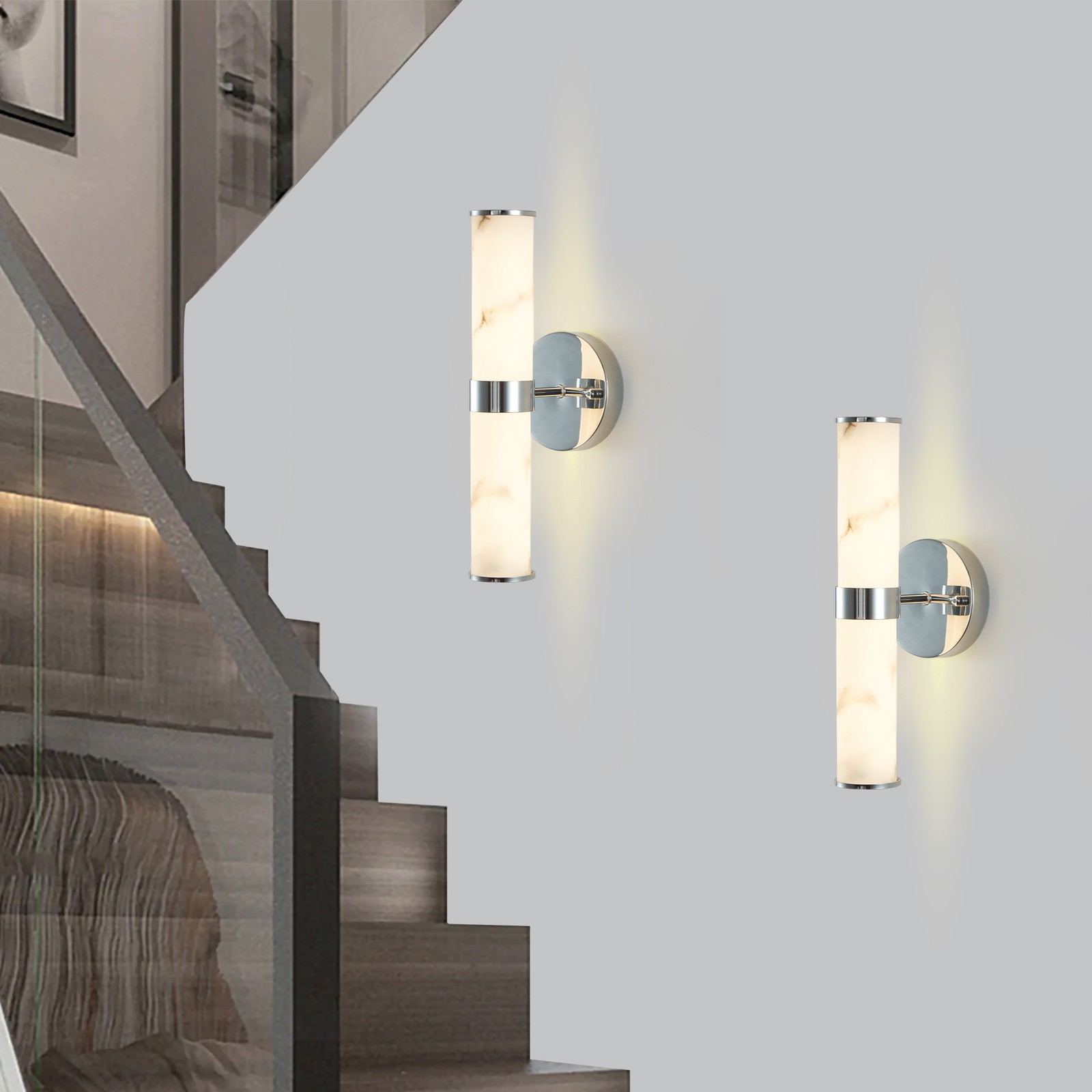 Modern Chrome 2 Pack indoor LED Wall Sconce Light Marble Texture Bedroom Fixture