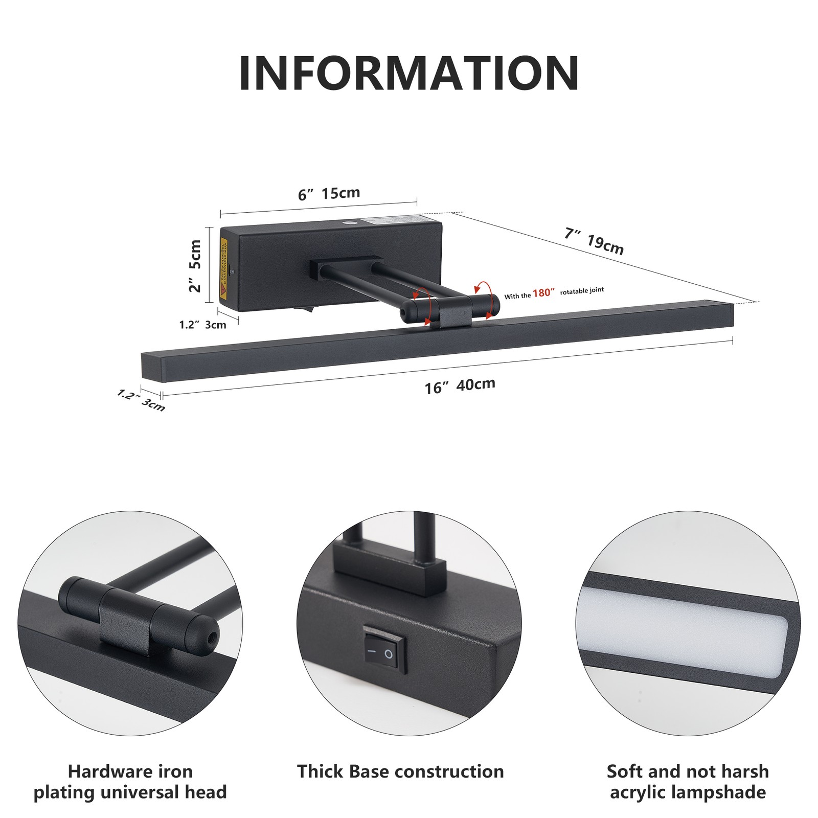 Picture Light Black 16» Battery Operated for Wall Sconce w Remote 3CCT 5000mAh