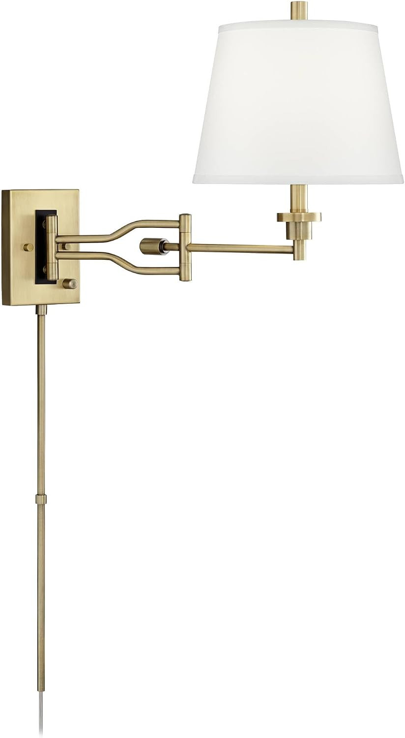 Satin Brass Plug-In Swing Arm Wall Lamps Set of 2 with White Linen Shade