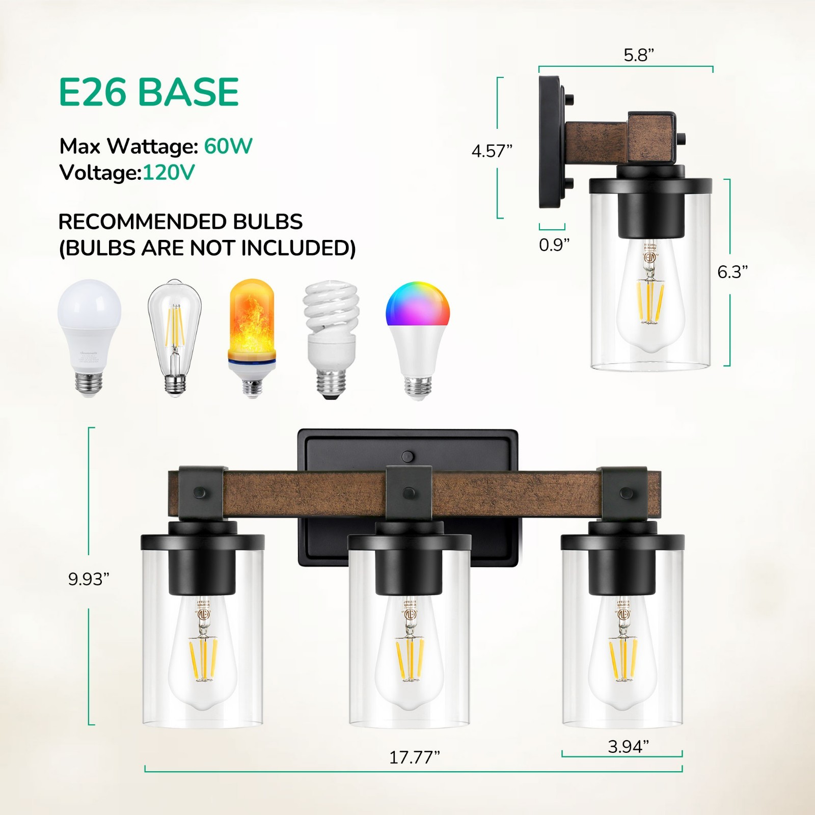 EDISHINE Farmhouse Vanity Lights for Bathroom 3-Light Bathroom Vanity Lights E26