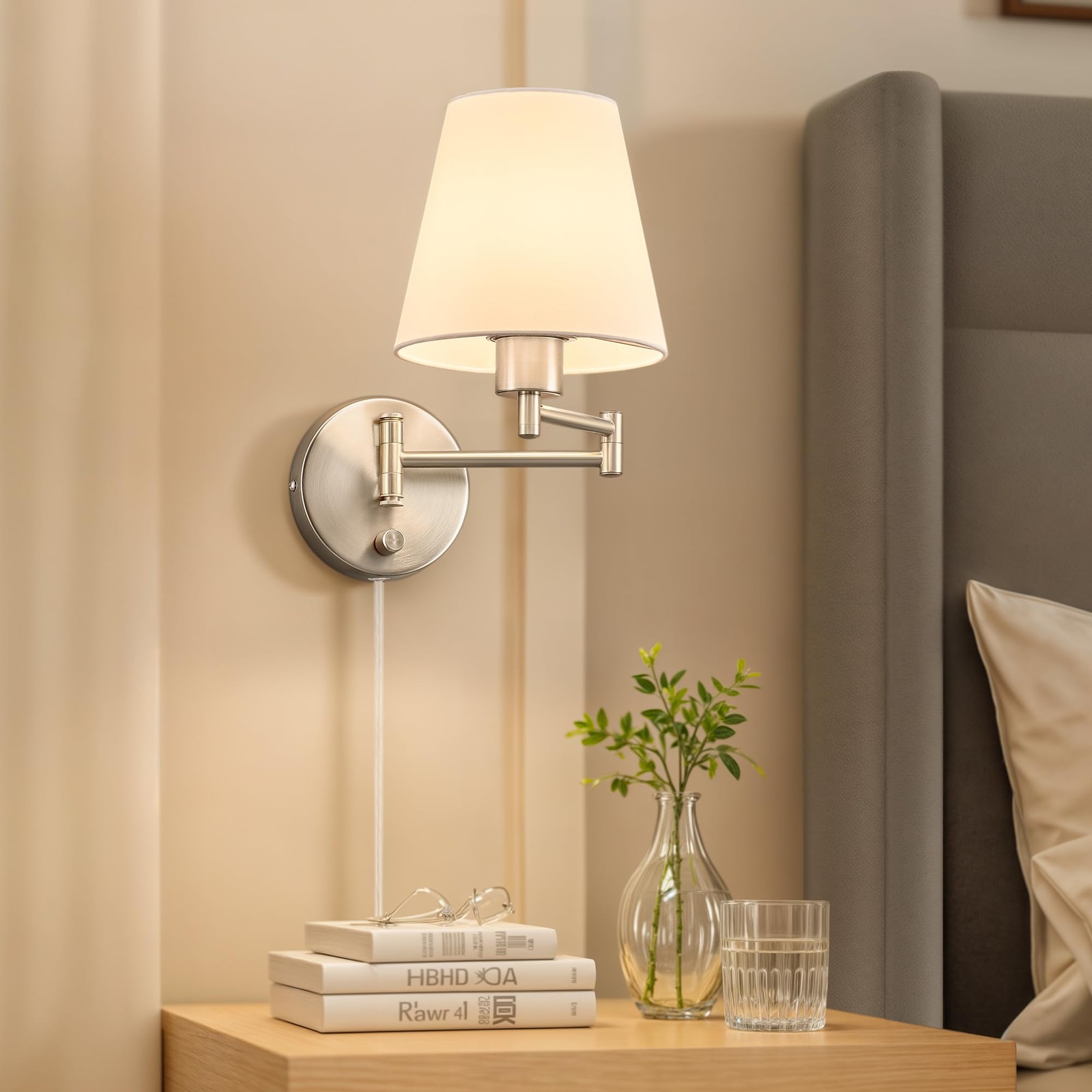 VONLUCE Modern Adjustable Swing Arm Wall Lamp Brushed Nickel, Plug-in Wall Sc…