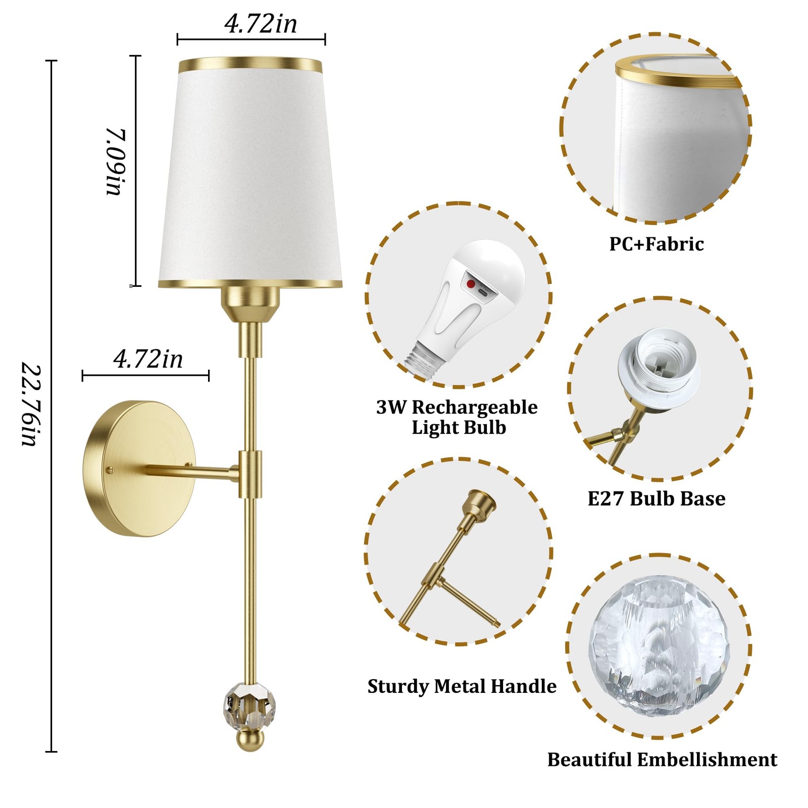 Gold Wall Sconces Set of Two, Wireless Battery Operated Wall Sconces with 500…
