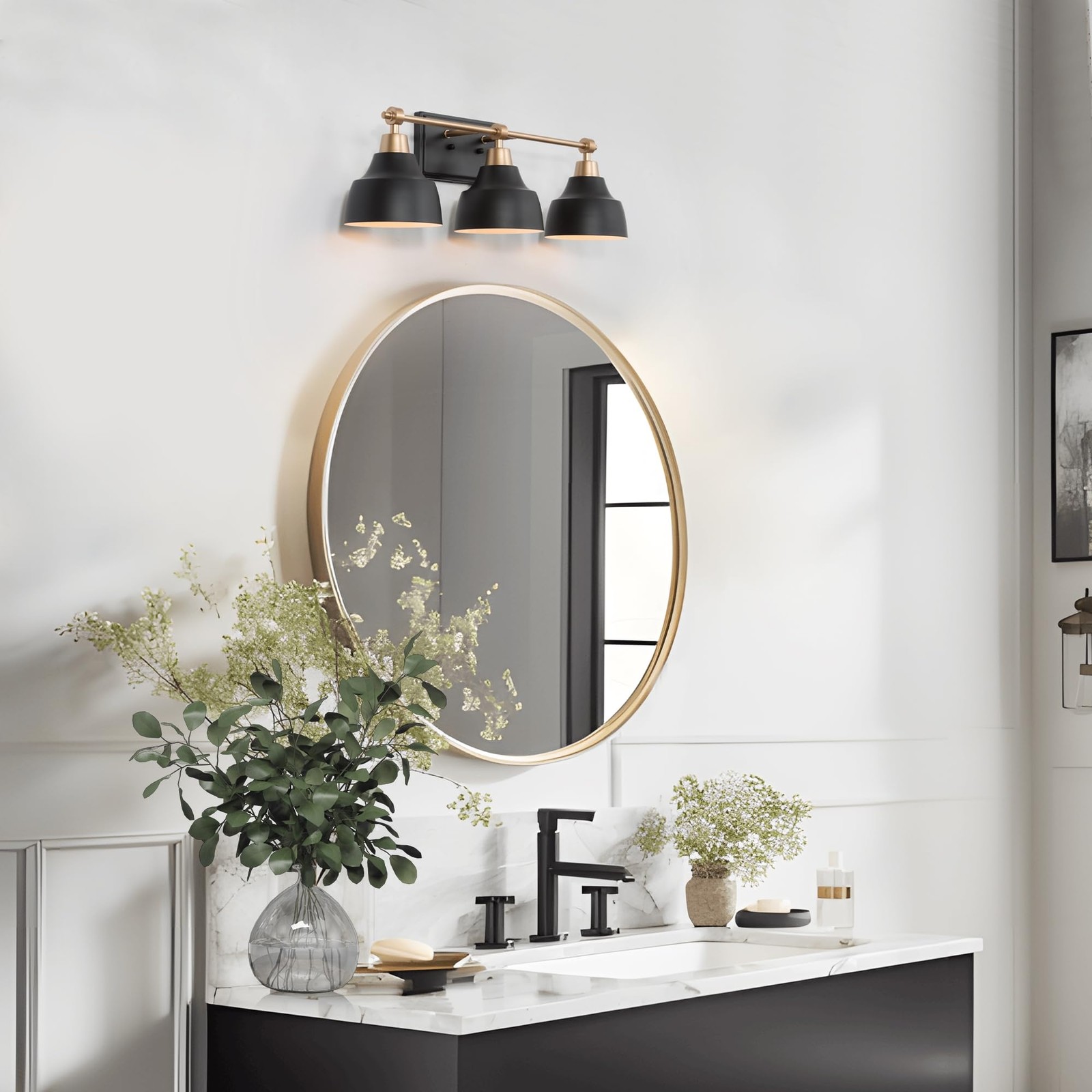 Bathroom Wall Light Fixtures Black Gold Vanity Light, 3-Light Black & Gold