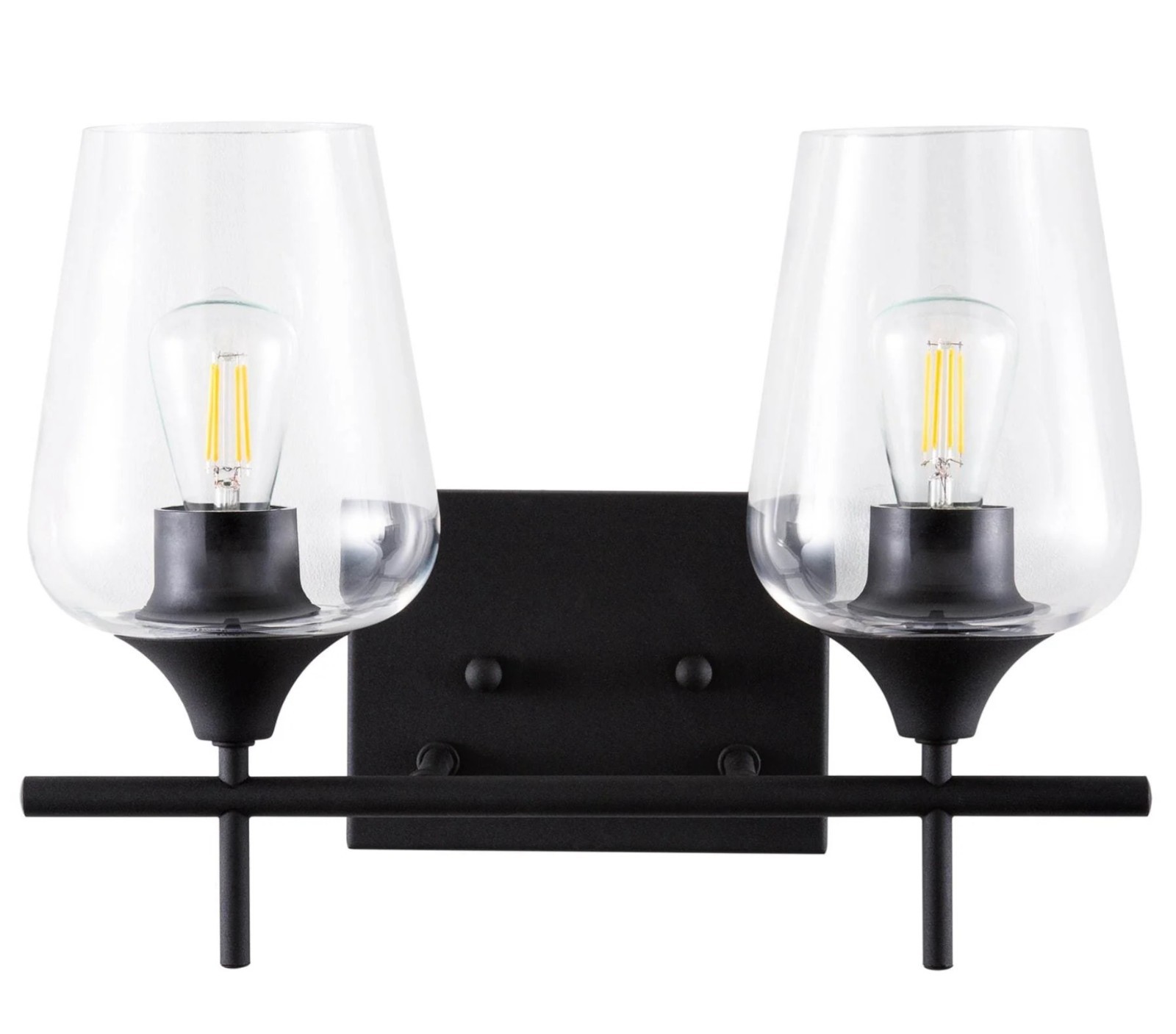 2-Light Bathroom Vanity Light – Matte Black Fixture w/ Clear Glass Shades – Mode