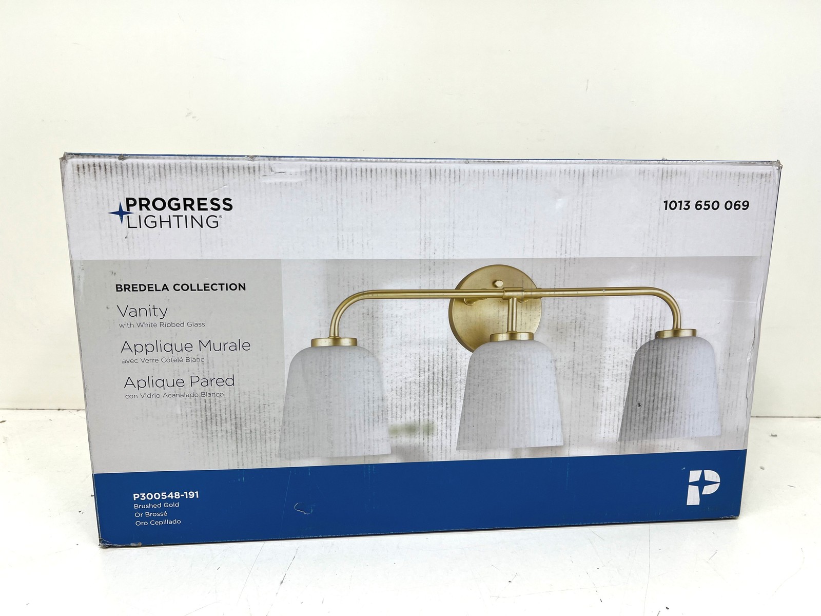 Progress Lighting Bredela 23 in. 3-Light Gold Vanity Light White Ribbed Glass