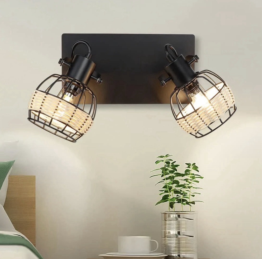 Track Lighting Ceiling Wall Light 2 Ways Rotatable Spotlight Cage Rattan Shade