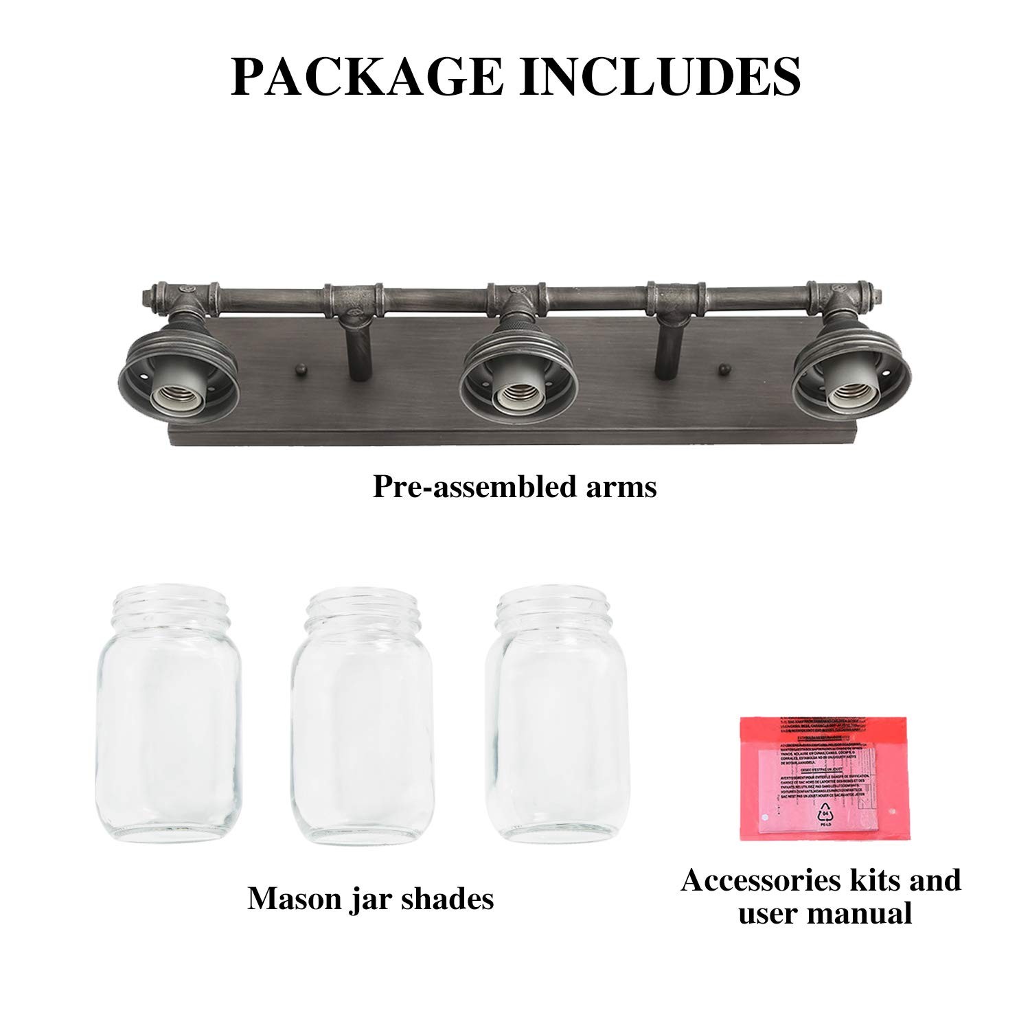 LNC 24» Large Bathroom Light Fixtures, Industrial 3 Mason Jar Vanity Light w…