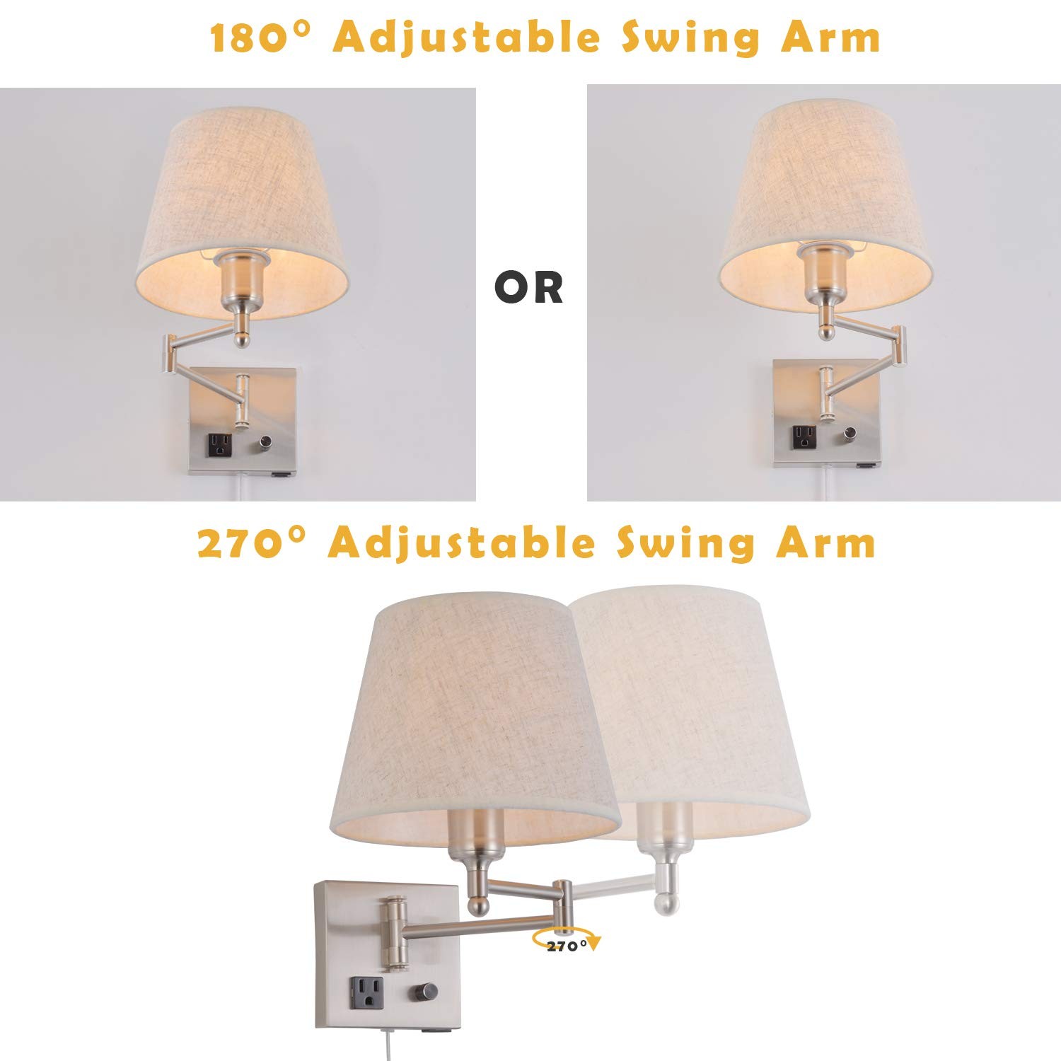Bedside Wall Mount Light with Dimmable Switch and Outlet, Swing Arm Fabric Sh…