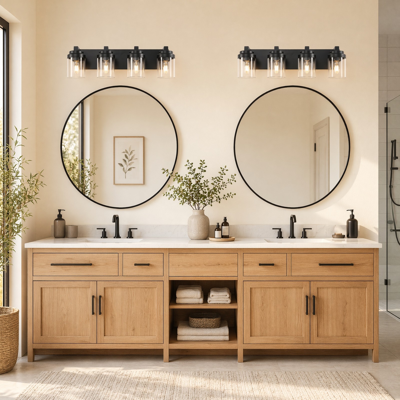 24» LED Vanity 4 Light Glass Shade Black Bathroom Mirror Wall Sconce Fixture