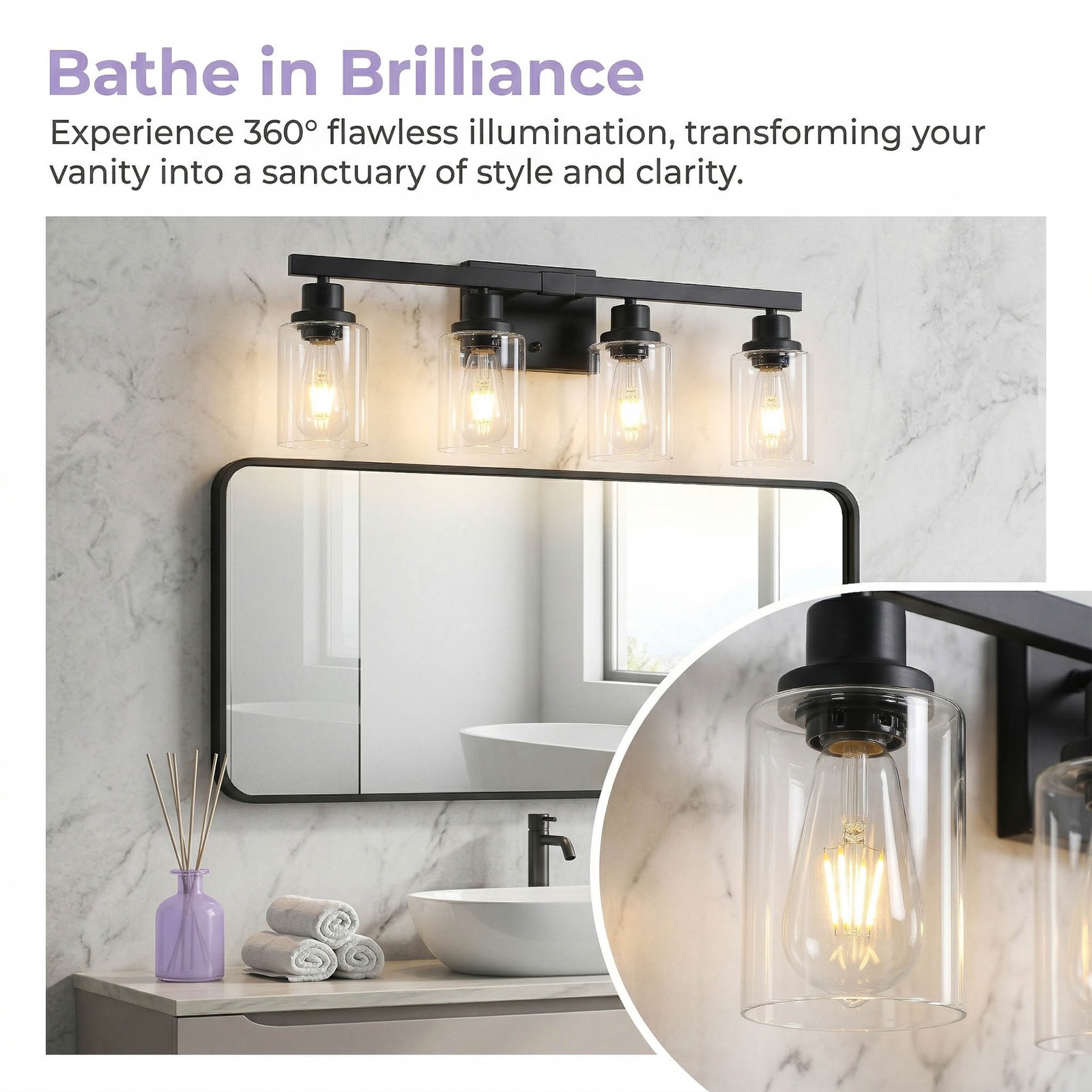 24″ Bathroom Mirror Vanity Light Modern Black 4 Lights Glass Wall Sconce Fixture