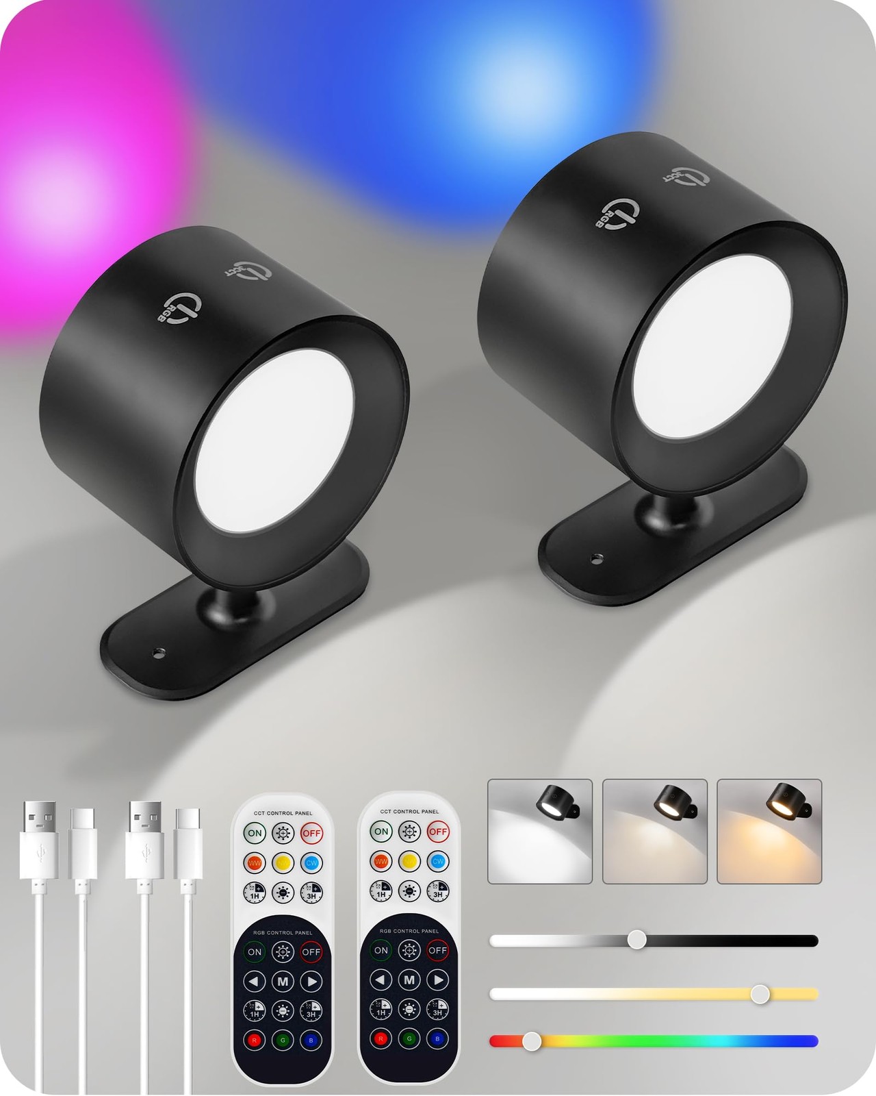 2 Pack Rechargeable Wall Sconces Remote 3 Color RGB Dimmable 360 Rotation Black