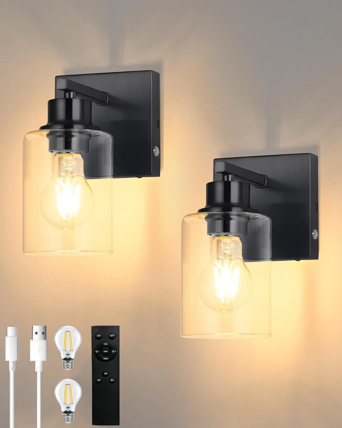 Battery Operated Wall Sconce Set of 2, Black Metal, Glass Shade, Remote Control