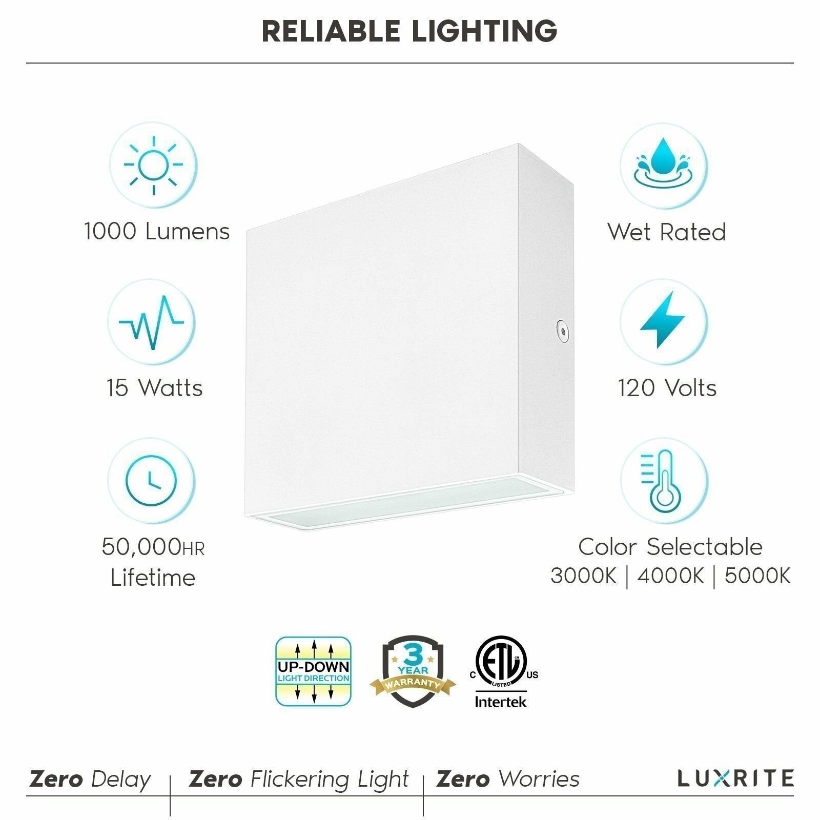 Luxrite Square LED Up and Down Wall Sconce 5CCT 15W 1000LM IP65 ETL White