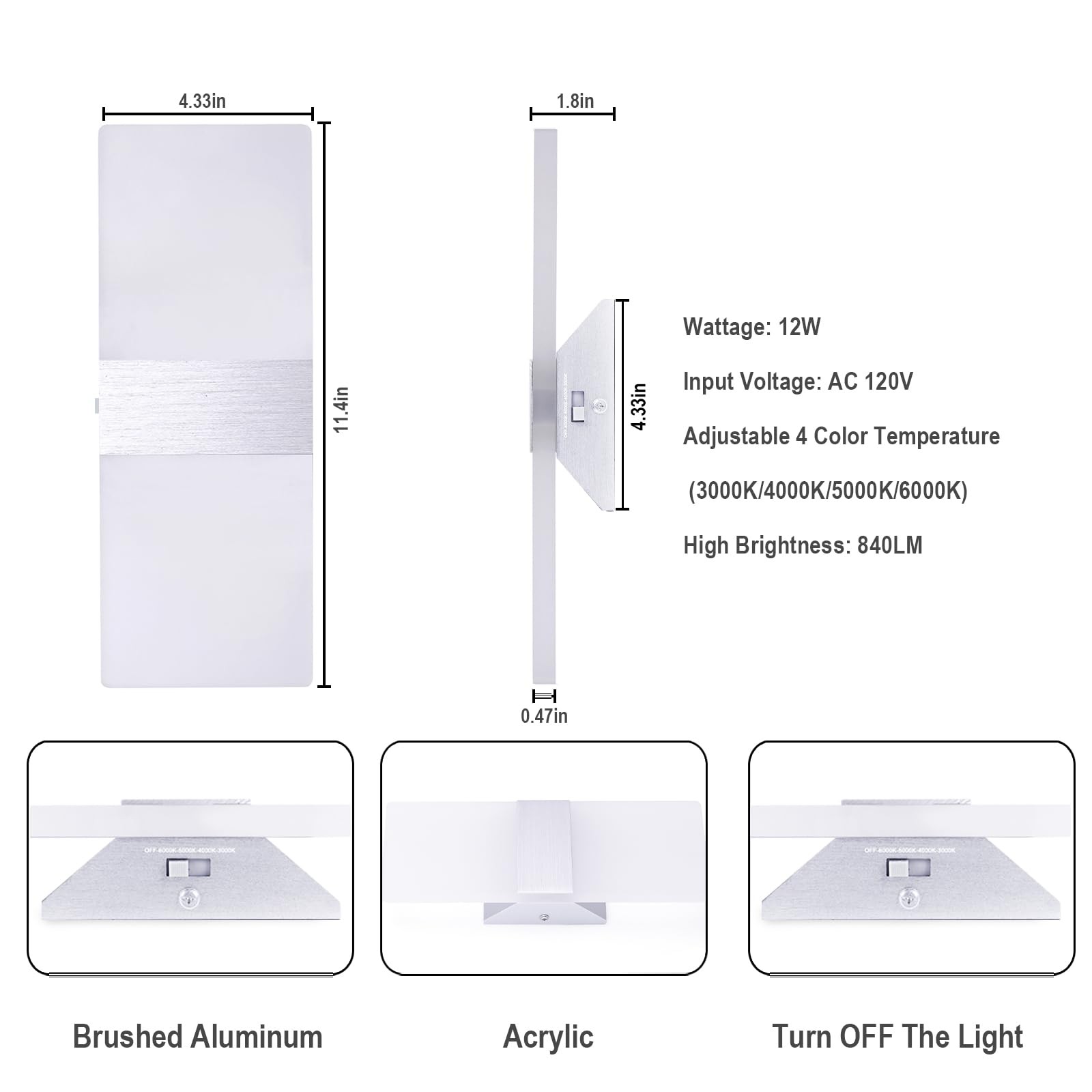Dimmable LED Wall Sconces, 4 Color Temperature 12W Modern Wall Sconce Wall Mo…