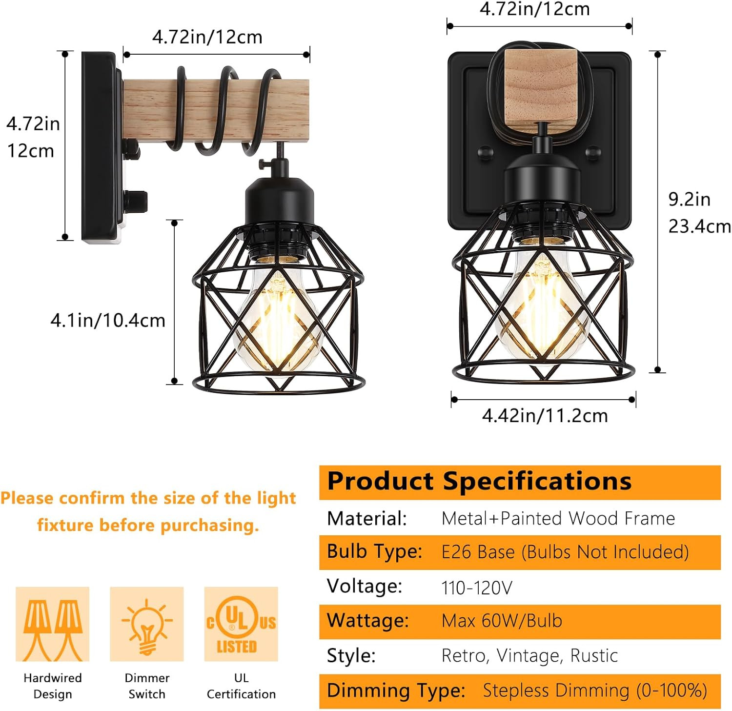 Dimmable Wall Sconces Set of Two, Bedside Wall Mounted Lamp with Rotary Switch,