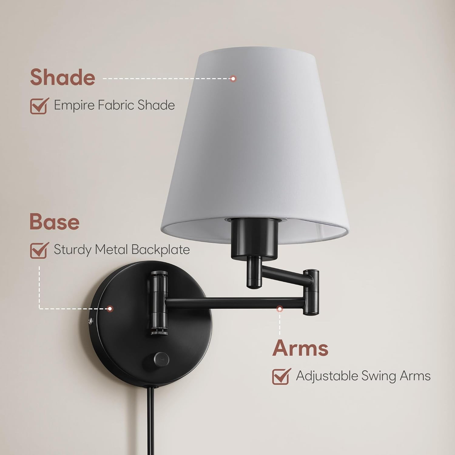 Wall Sconce Set of 2, Plug in & Hardwired Swing Arm Wall Lamps, Adjustable Wa…