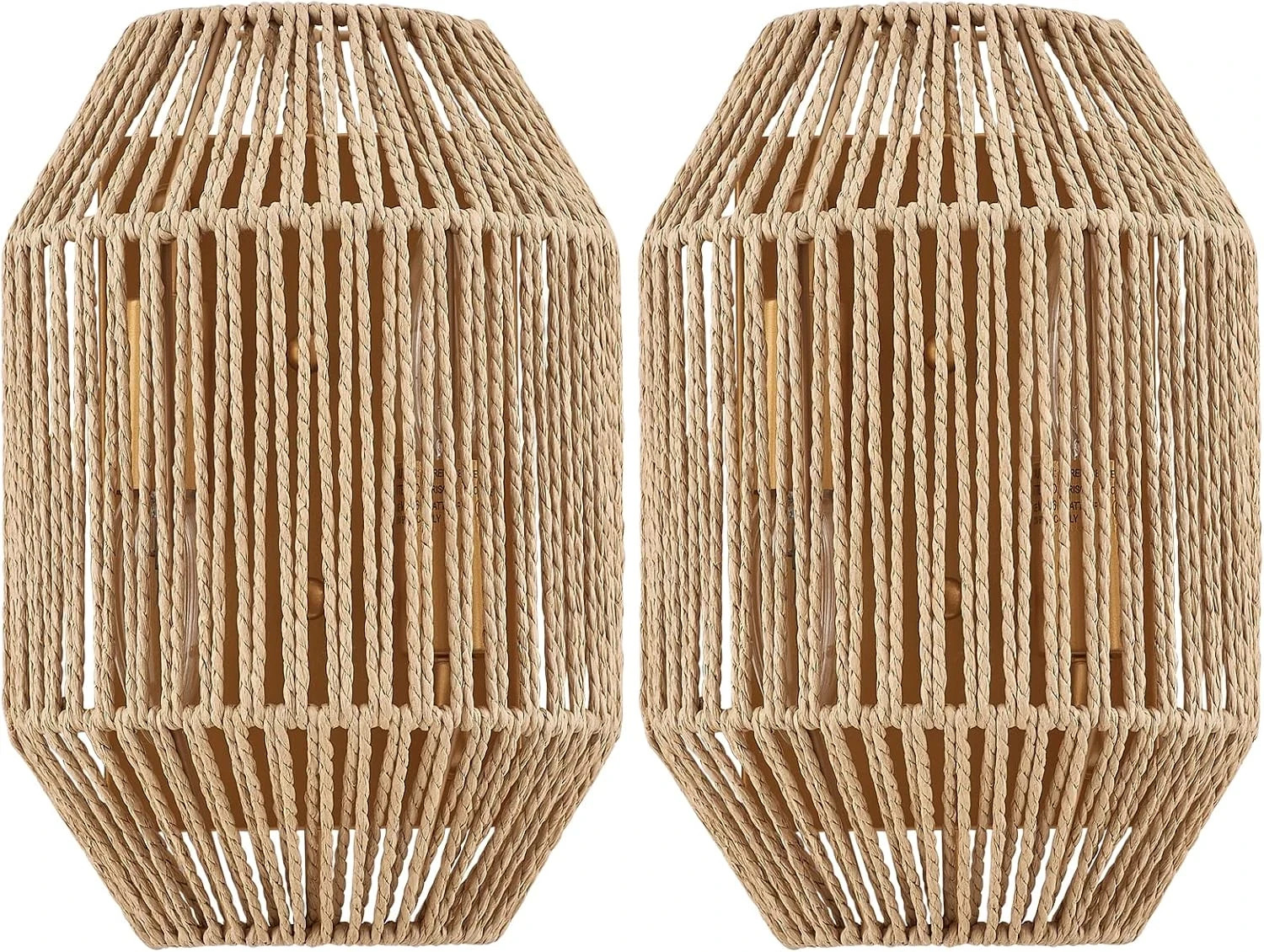 Natural Rattan Wall Sconce Set of 2, with Boho Woven Wicker Shade Antique Brass