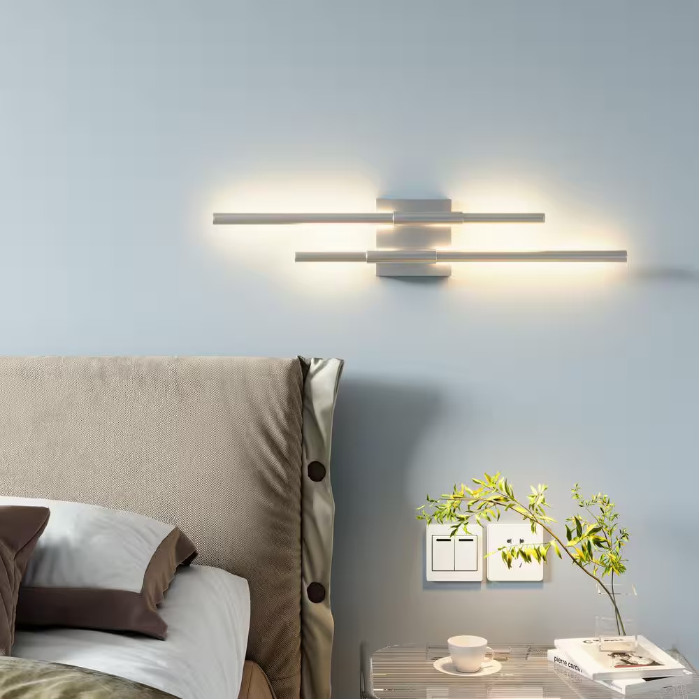 25.7 In. 2-Light Silver LED Vanity Light Bar Dimmable Sconces Wall Lighting for