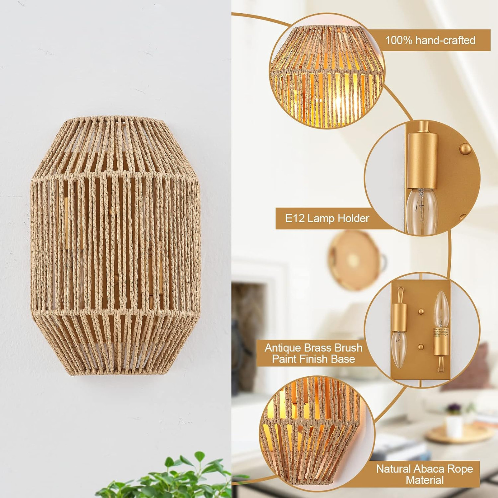 Natural Rattan Wall Sconce Set of 2, with Boho Woven Wicker Shade Antique Brass
