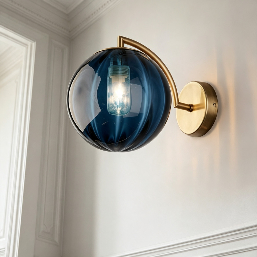 Contemporary Blue Ball Wall Sconce Light Glass Wall Mount Lamp Bedroom Fixture