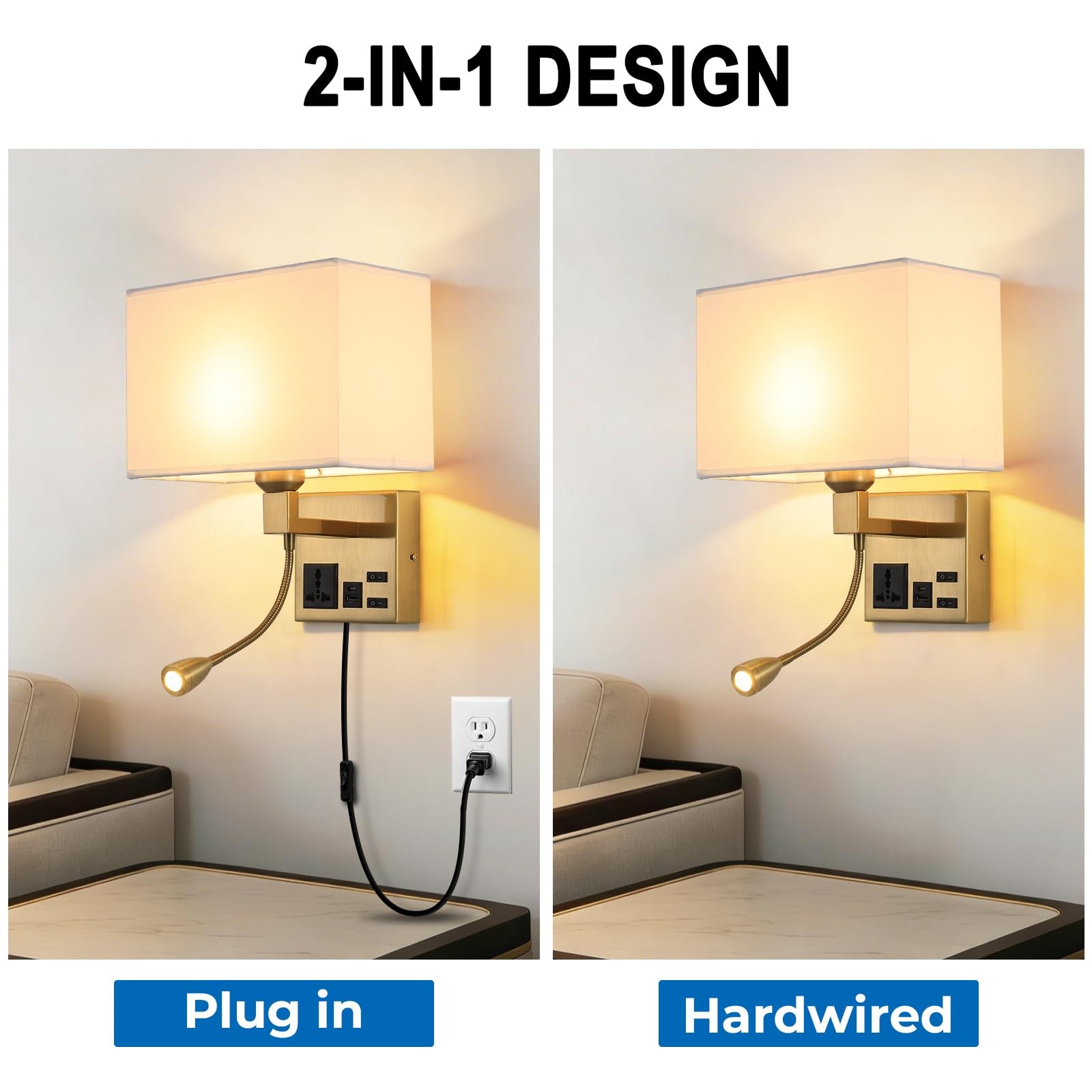 Wall Lamp for Bedroom Living Room Office Hotel, Plug in Wall Sconce with AC O…