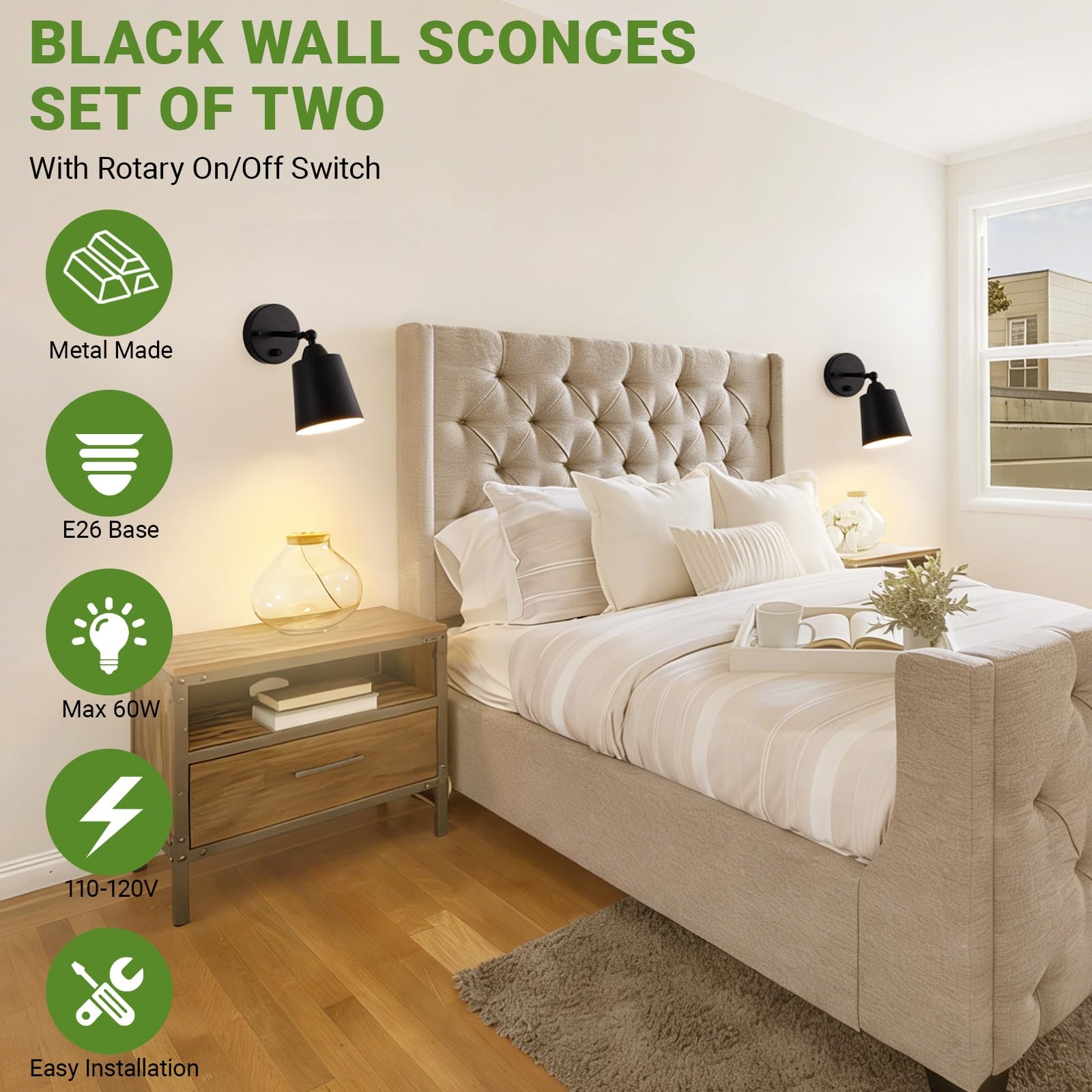 Dimmable Wall Sconces Set of Two, Bedside Wall Mount Lamp with Rotary Switch,…