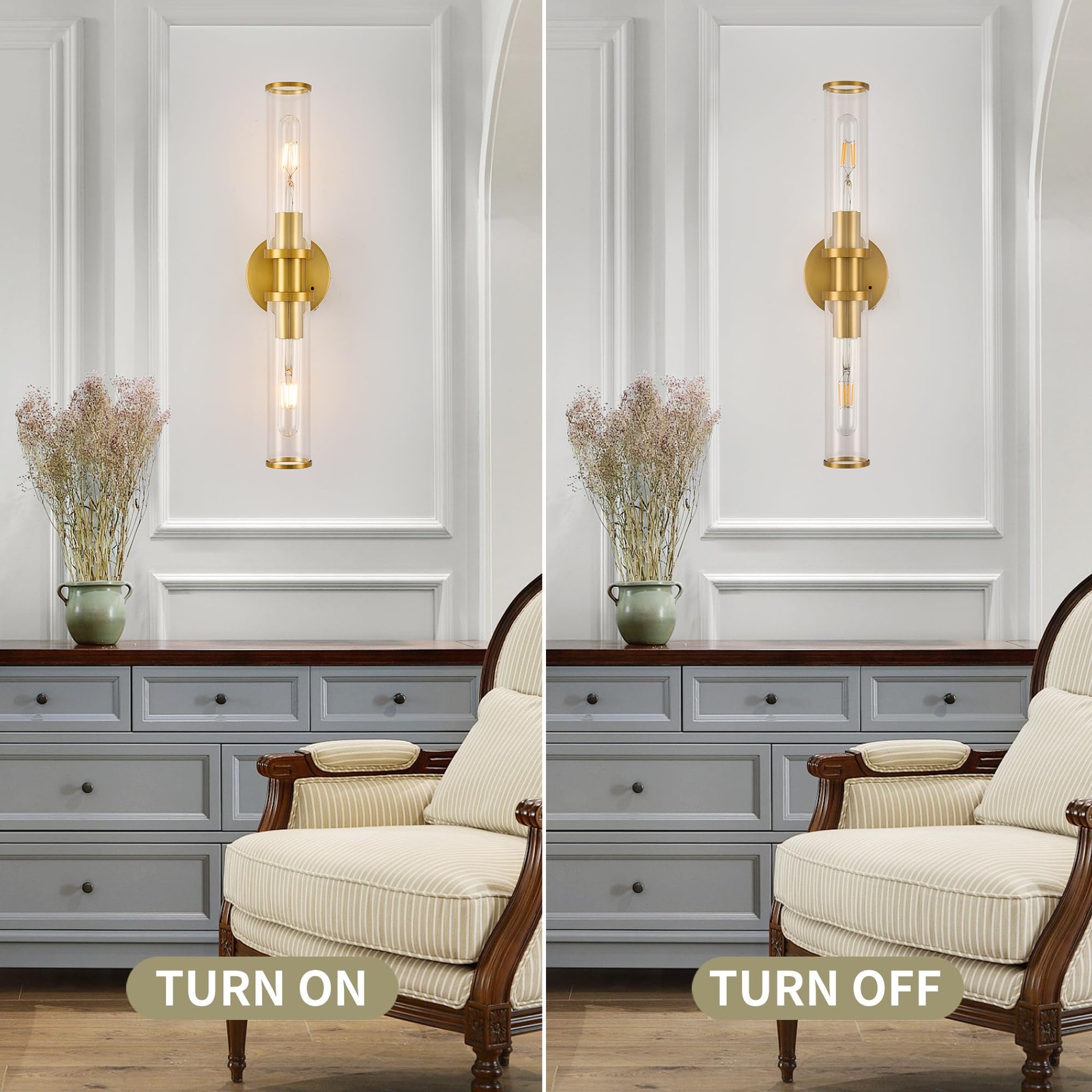 8000mAh Wireless Wall Sconces with 2 Pack, Gold(Clear Tubular Lampshade)