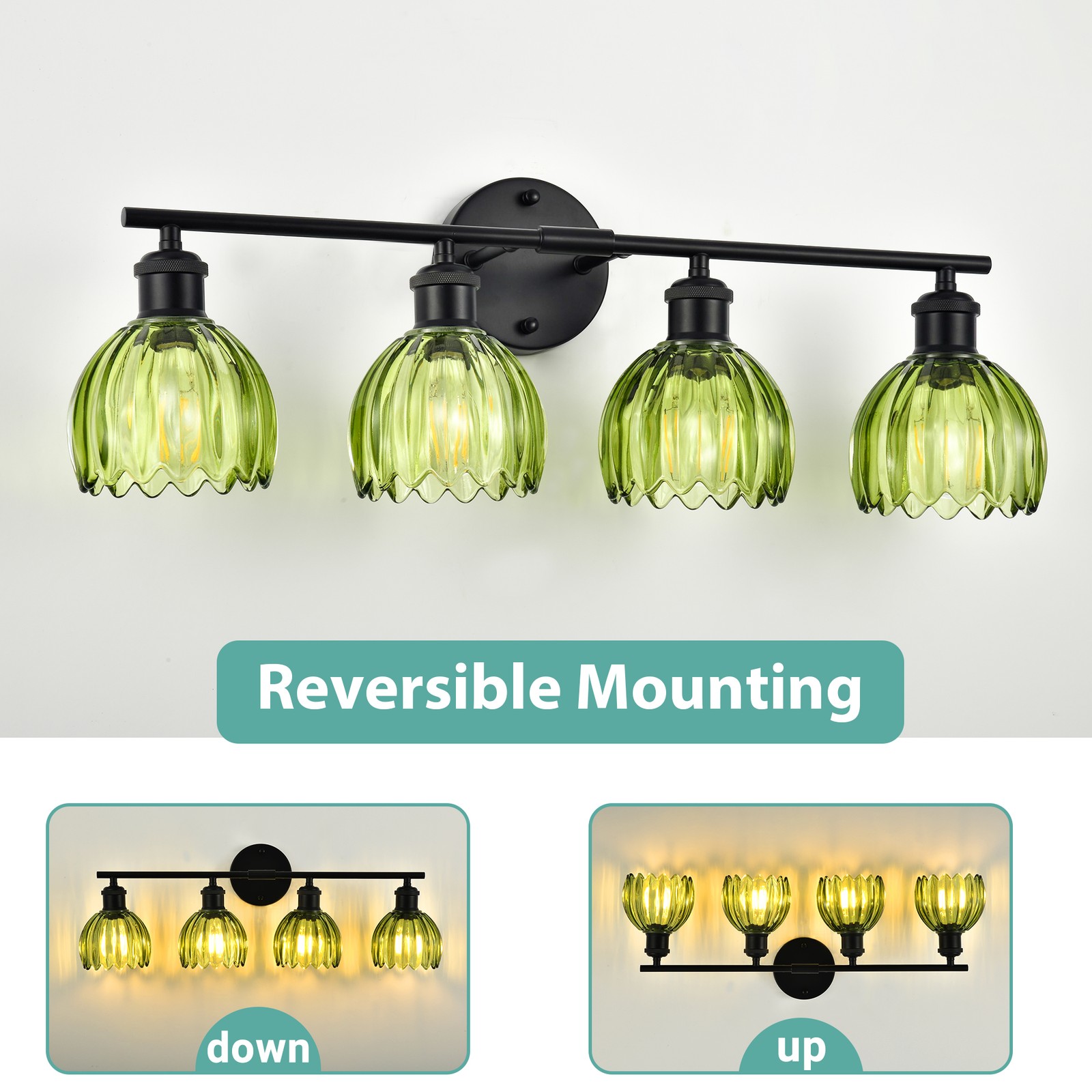 4-Light Adjustable Wall Sconce, Vintage Glass&Black Metal，Bathroom Bedroom Decor