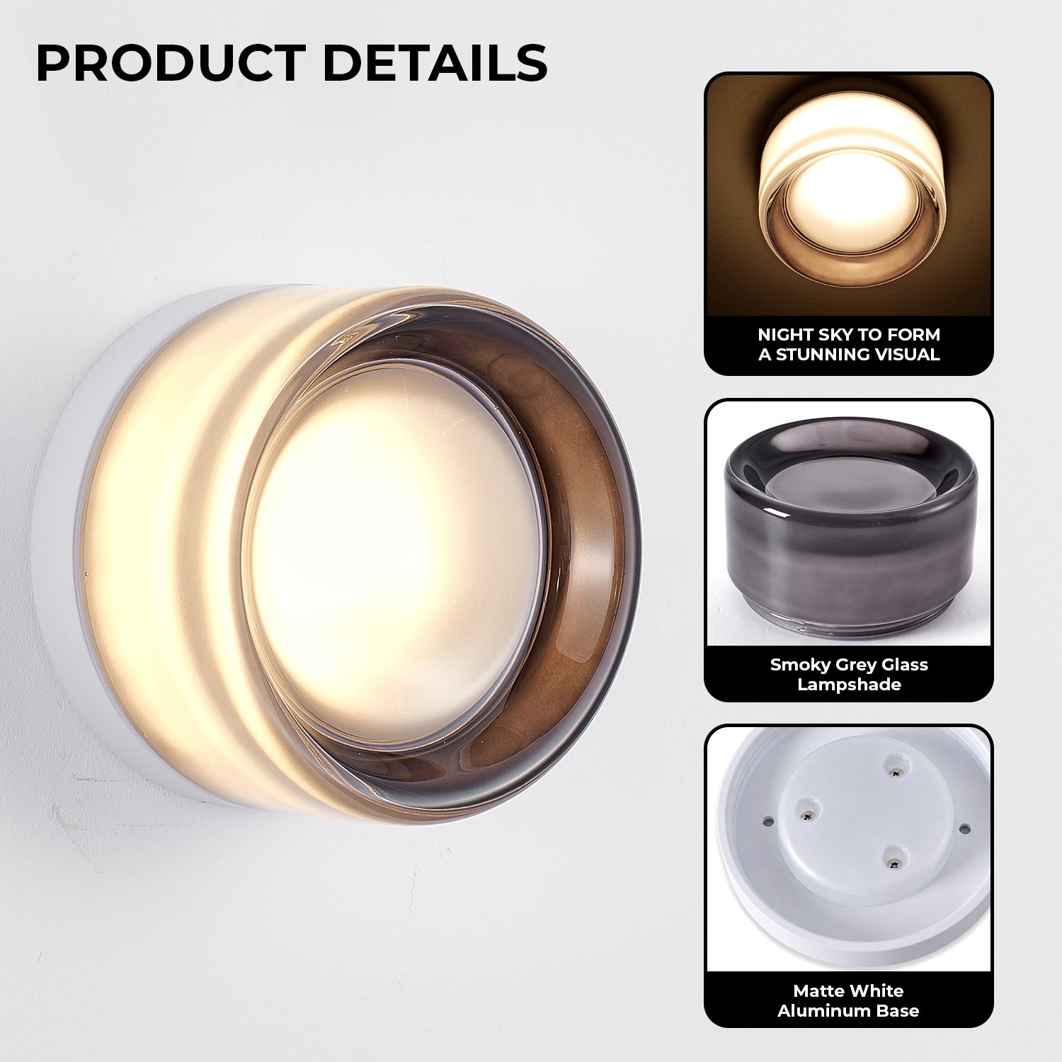 5″ LED Wall Lamp Smoky Gray Thick Glass Ceiling Light Bedroom Sconce Fixture 8W