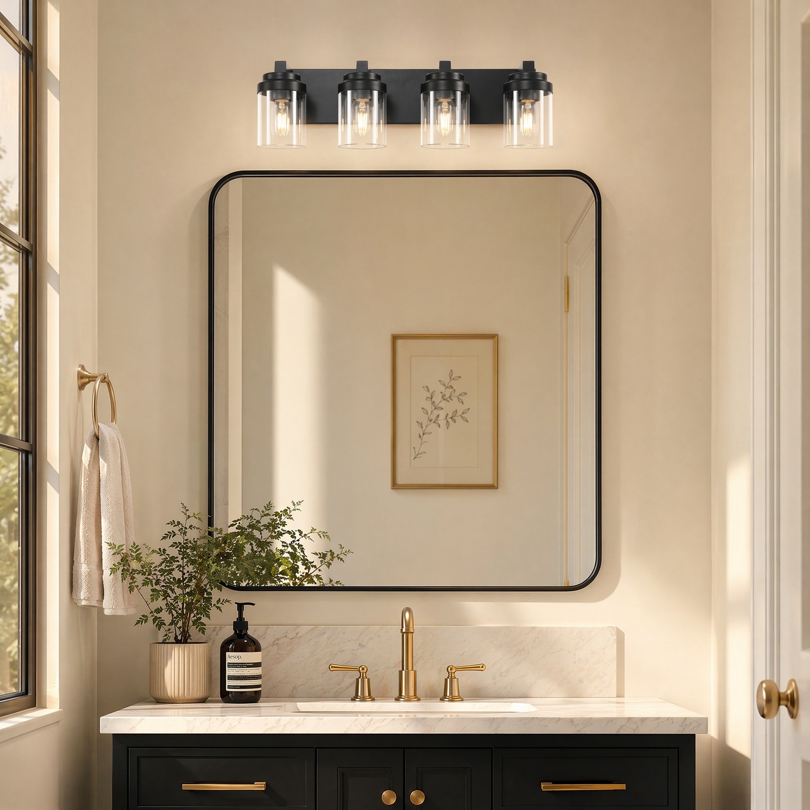 24» LED Vanity 4 Light Glass Shade Black Bathroom Mirror Wall Sconce Fixture