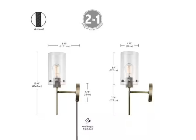 Globe Electric Johnson 1-Light Antique Brass Wall Sconce Plug-In/Hardwired