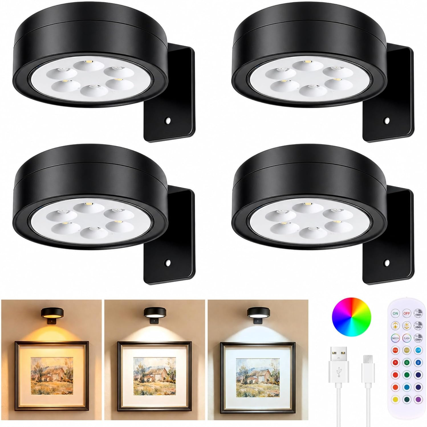 4-Pack Picture Lights for Wall, Rechargeable Wireless Poster Lights with 3 CCT &