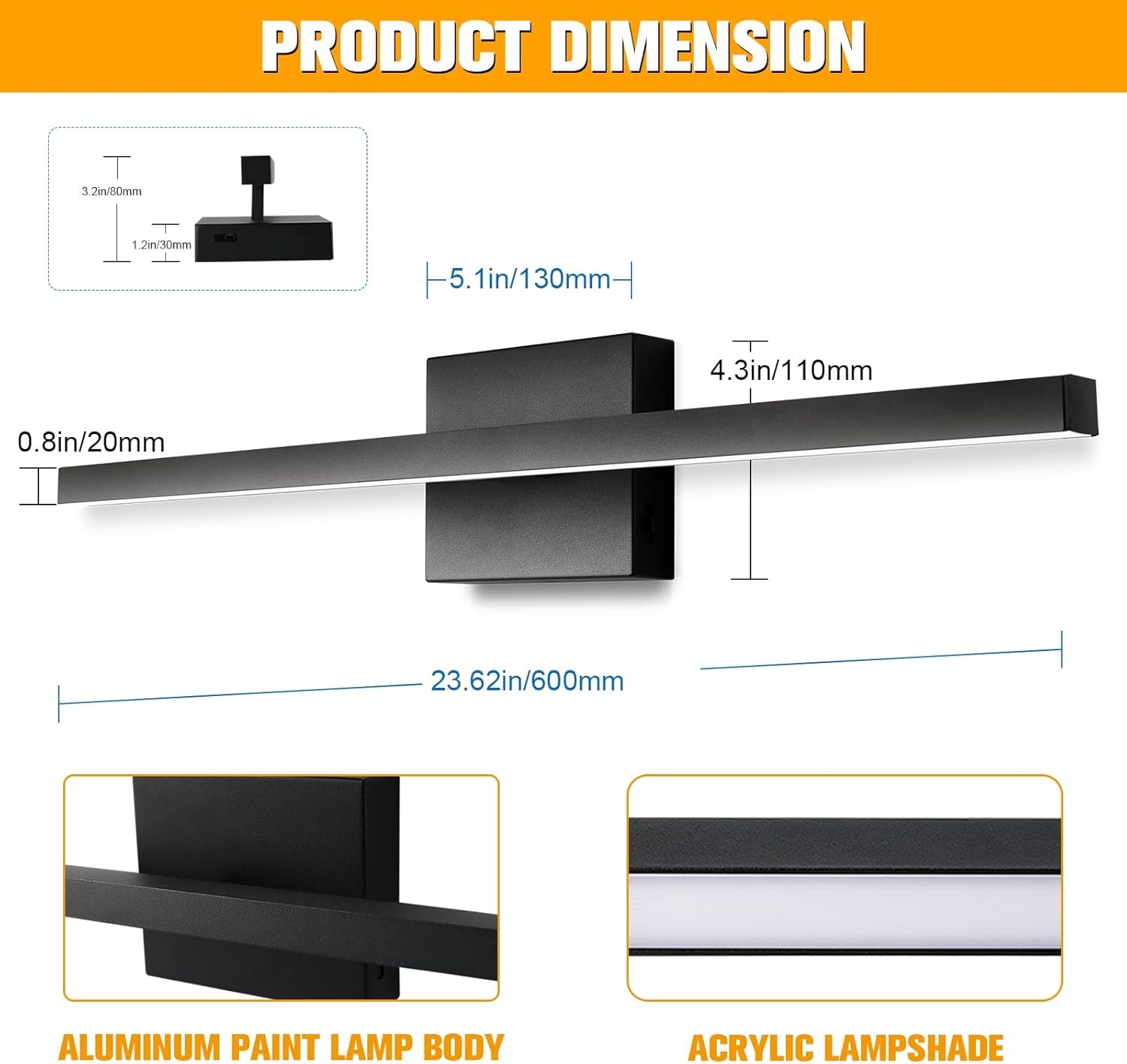 NIORSUN 23.6 inch Black Bathroom Vanity Light, 14W 5CCT inch,