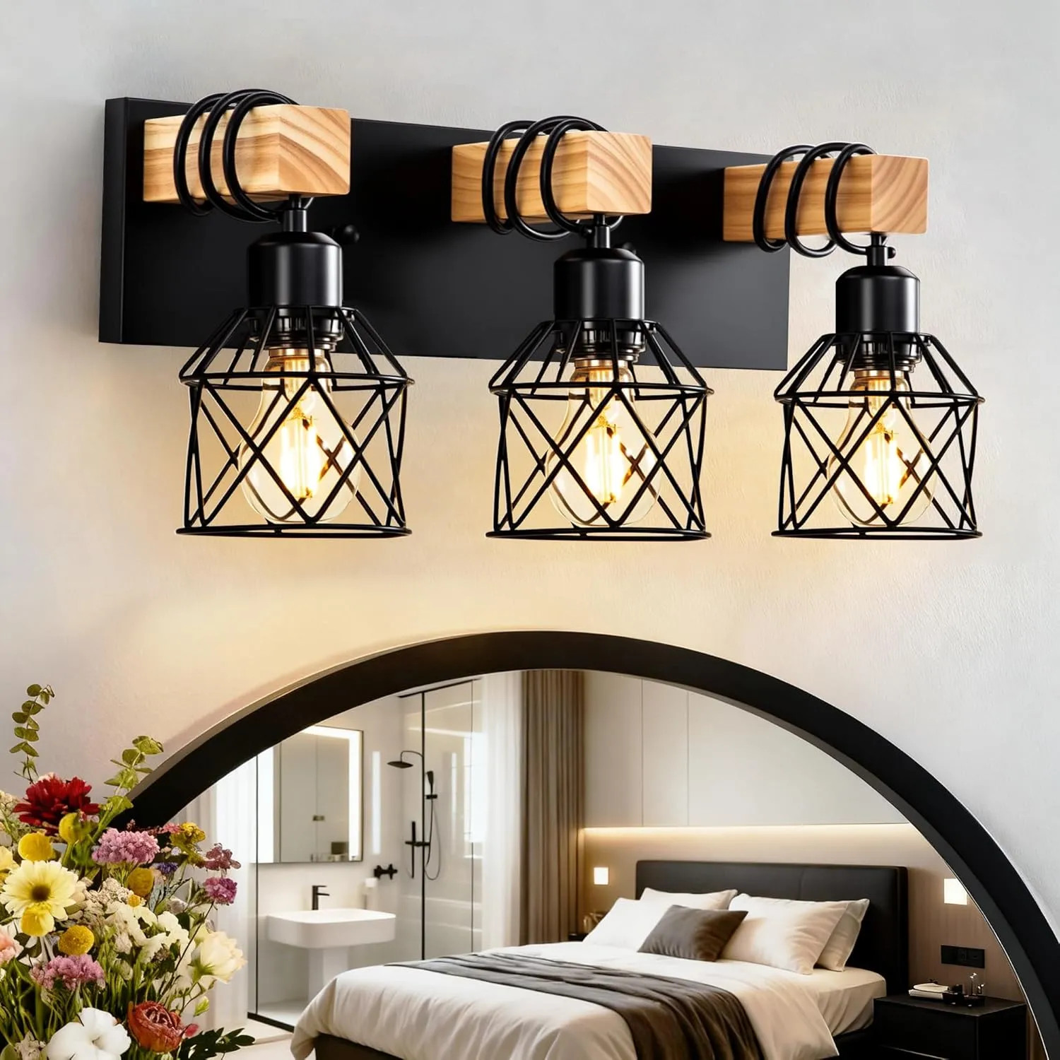 3 Light Bathroom Vanity Wall Lamp Rustic Wood And Black Metal Cage Farmhouse…