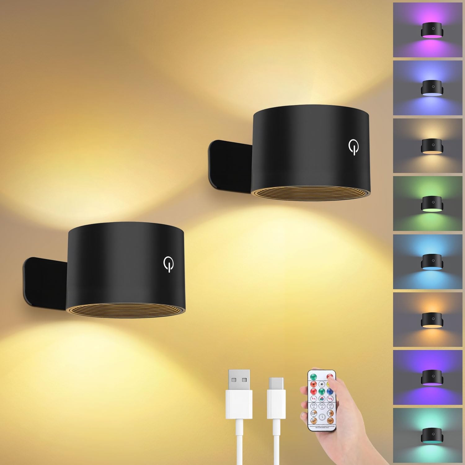 Battery Operated Wall Sconce Black, Remote Control, Set of 2