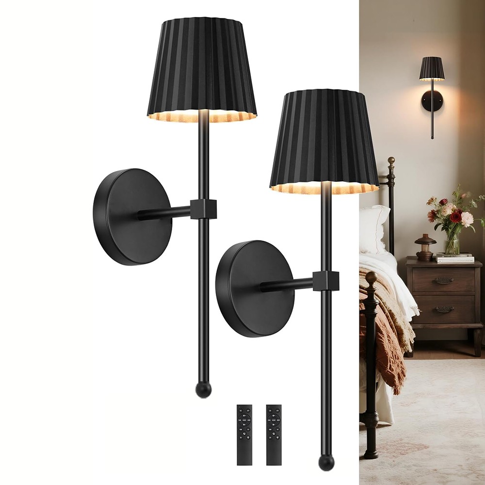 Battery Operated Wall Sconce Set of 2, Black Rechargeable Wall Light with Remote