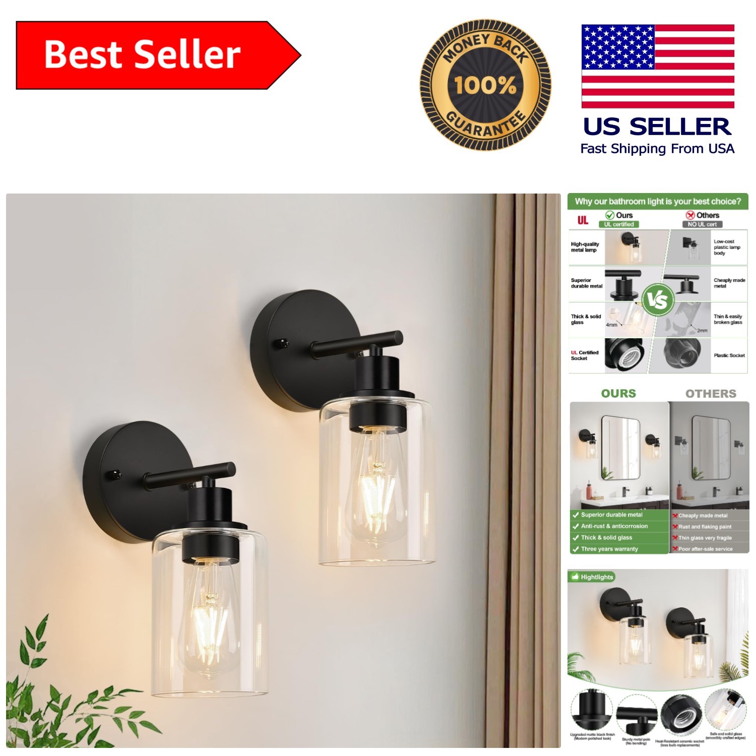 Elegant 2-Pack Black Vanity Lights with Clear Glass Shade for Any Room