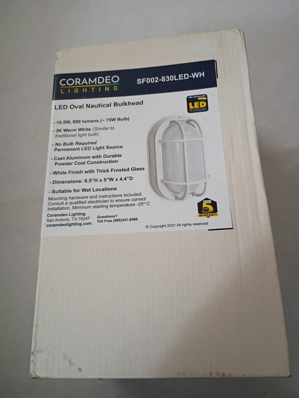 New Coramdeo Lighting Led Oval Nautical Bulkhead Light In Box SF002-830LED-WH