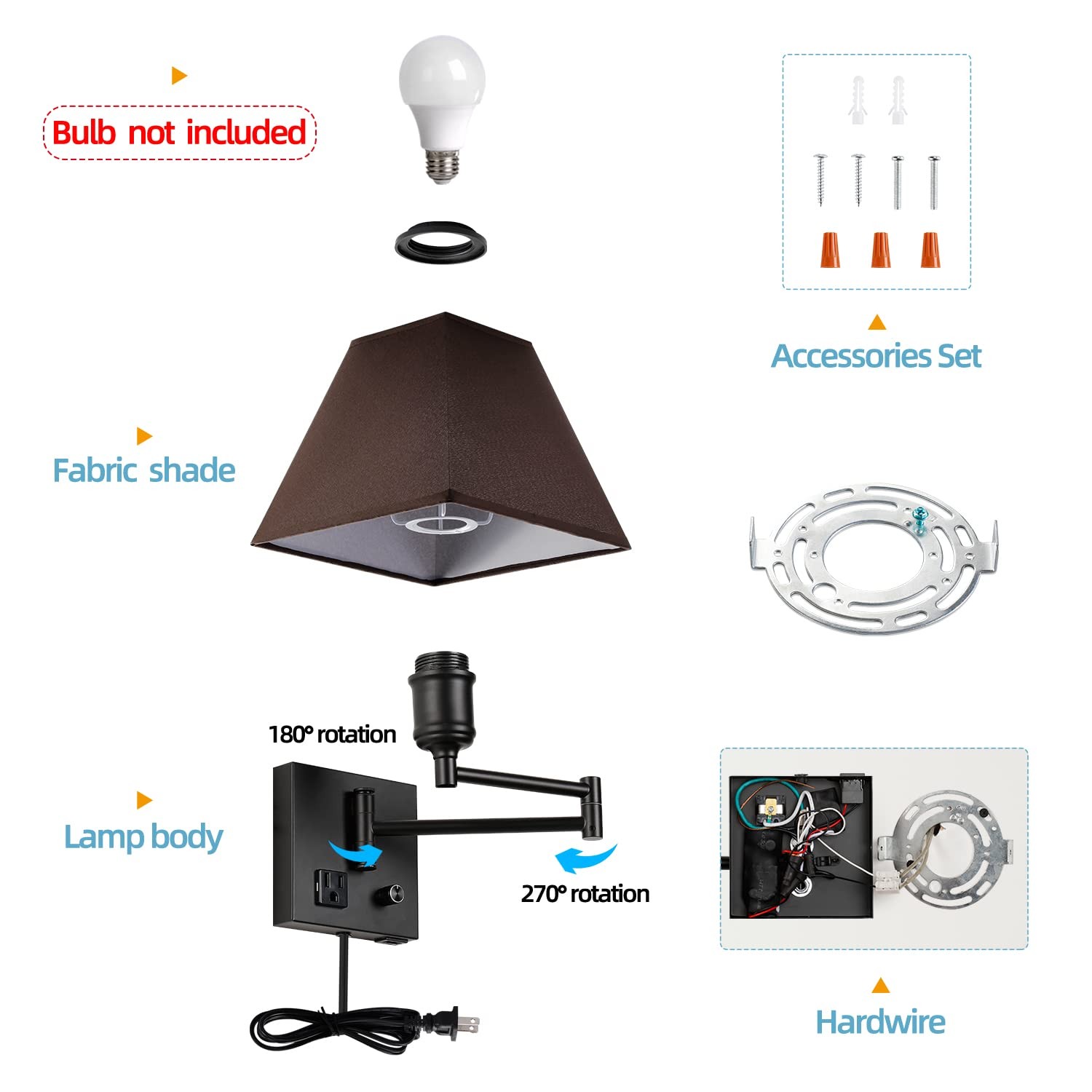 Swing Arm Wall Lamp.Plug in Wall Sconces with USB Port and AC Outlet.Sconces …